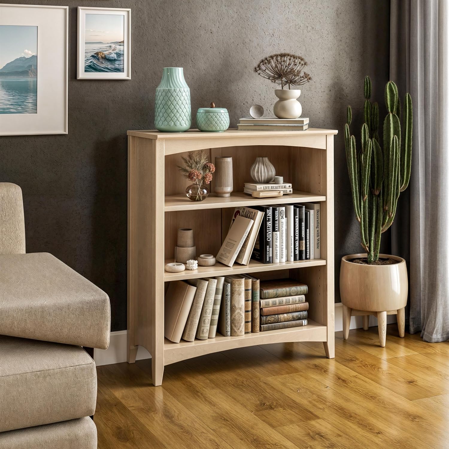 Shaker Style 3 Shelf Bookcase / Solid Wood / 36" High / Adjustable Shelving / Closed Back / Display Bookshelf for Living Room, Bedroom, Home and Office, White