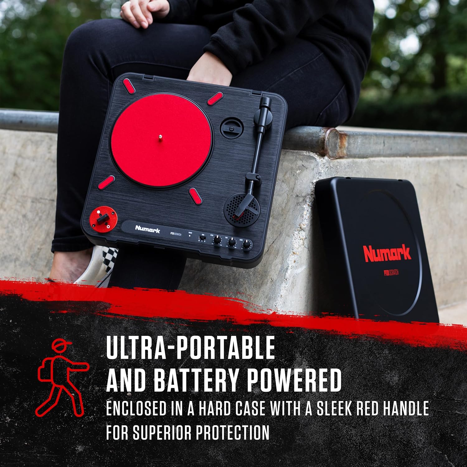 Numark PT01 Scratch Portable DJ Turntable | Scratch Switch, Built-In Speaker, 3-Speed Playback, USB Out, AC and Battery Power for Portablists