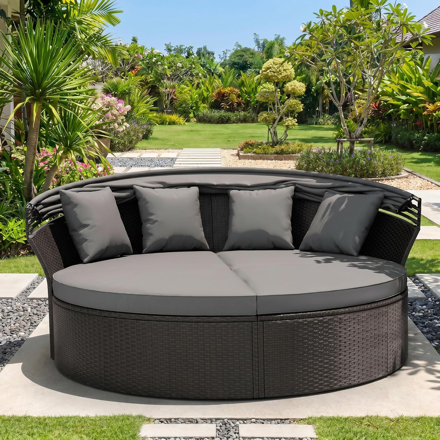 Outdoor Patio Furniture Canopy Daybed Round Sofas, 4 Pieces Seating Separates Cushioned Seats, Black Wicker, Lawn Poolside Garden, Grey