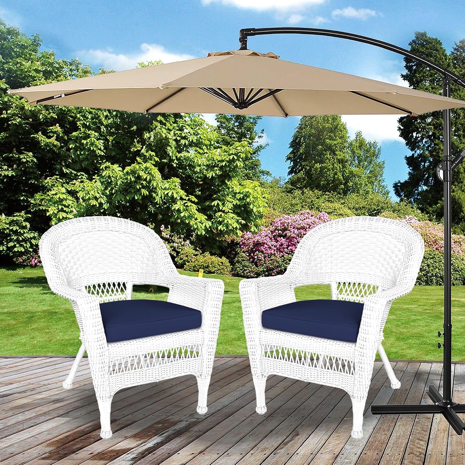 Jeco Wicker Chair with Blue Cushion, Set of 2, White/W00206-