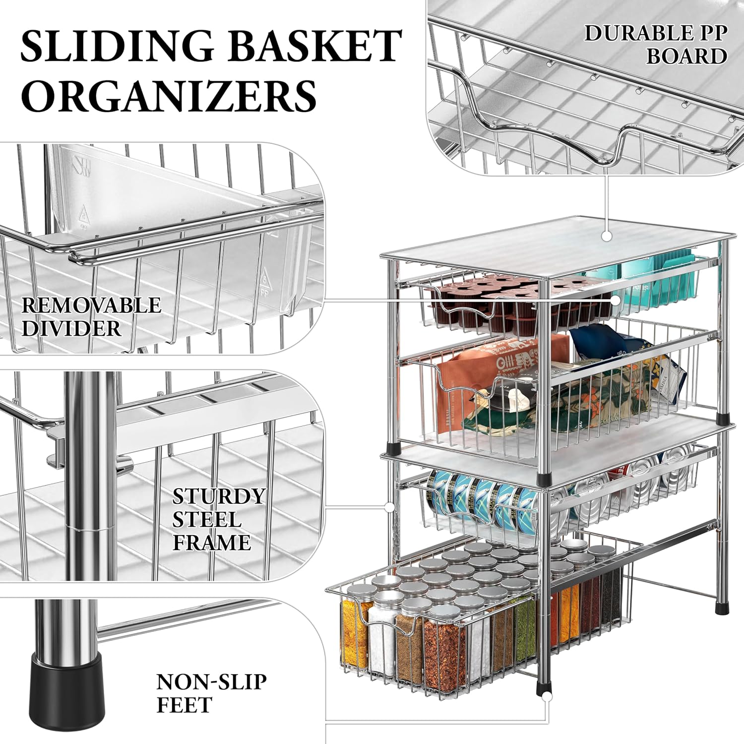 Simple Houseware Stackable 3 Tier Sliding Basket Organizer Drawer, Chrome