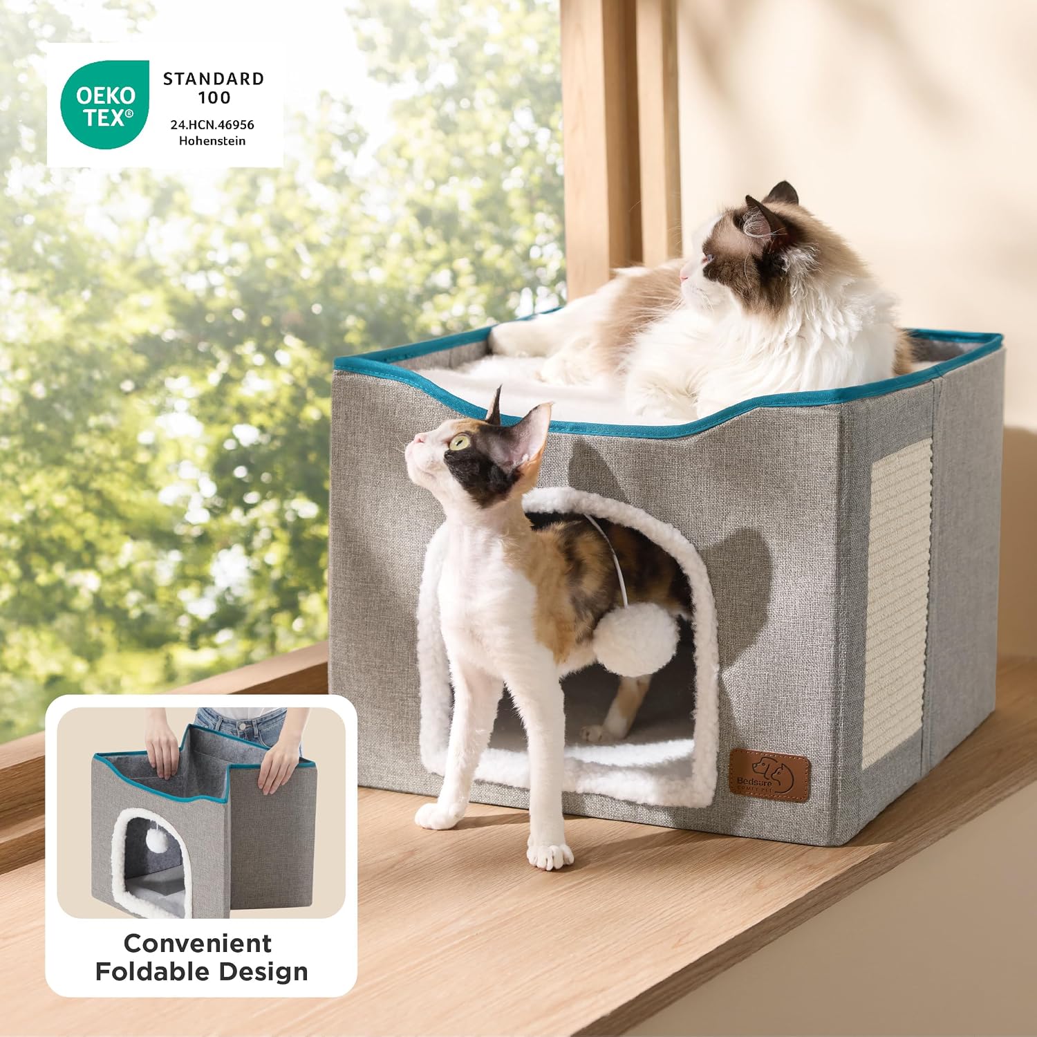 Bedsure Cat House Bed for Indoor Cats with Fluffy Ball and Scratch Pad,Grey