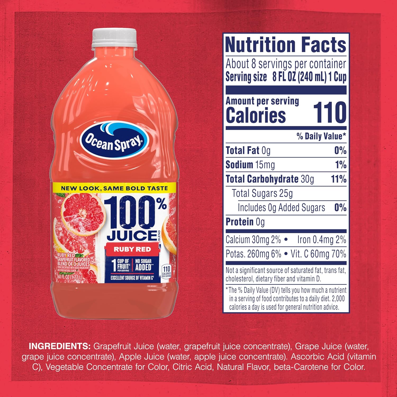 Ocean Spray 100% Juice, Ruby Red Grapefruit, 60 Ounce Bottle (Packaging May Vary)