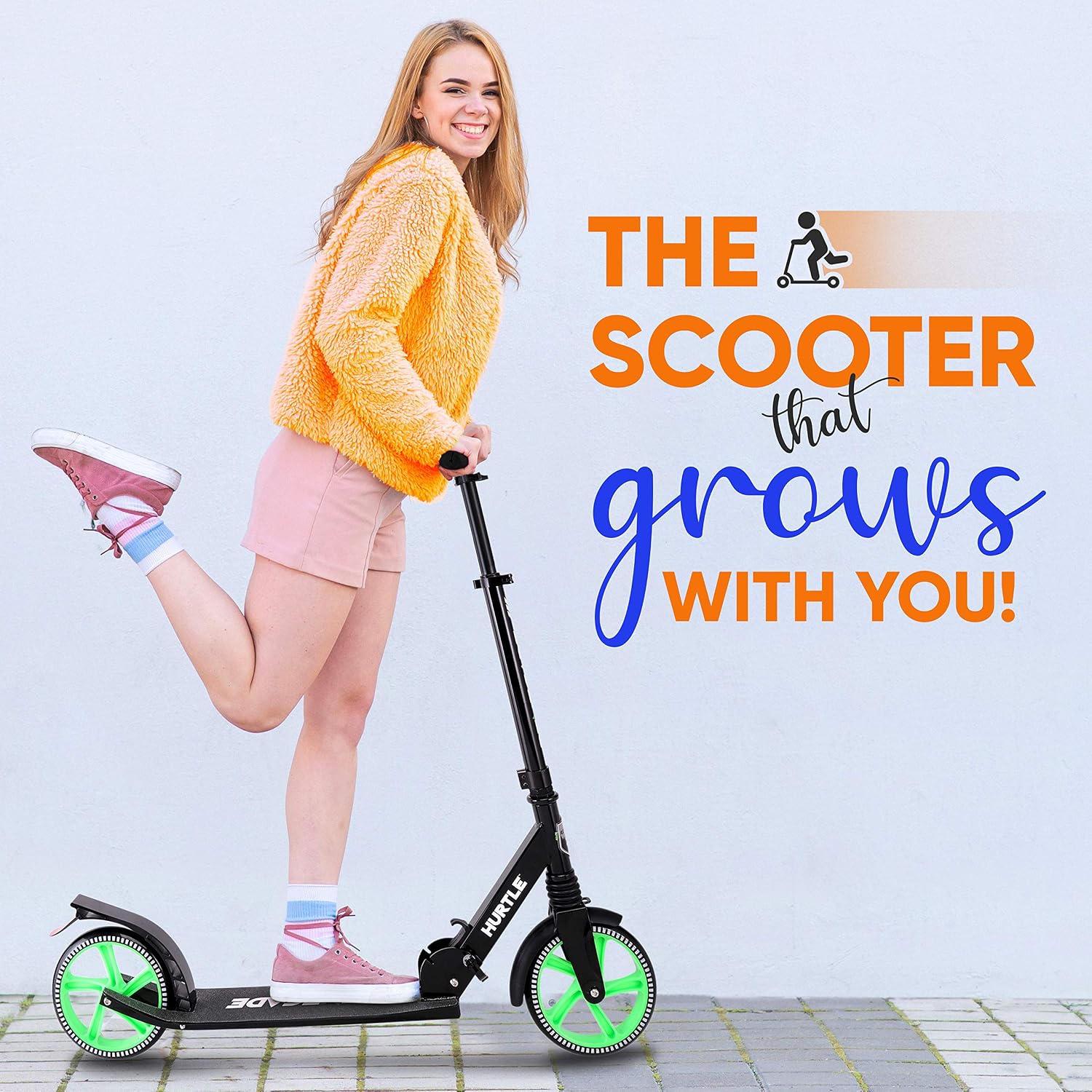 Hurtle Renegade Kick Scooter for Kids, Teenagers & Adults - 2-Wheel Folding Scooter with Adjustable T-Bar Handlebar - Alloy Anti-Slip Deck