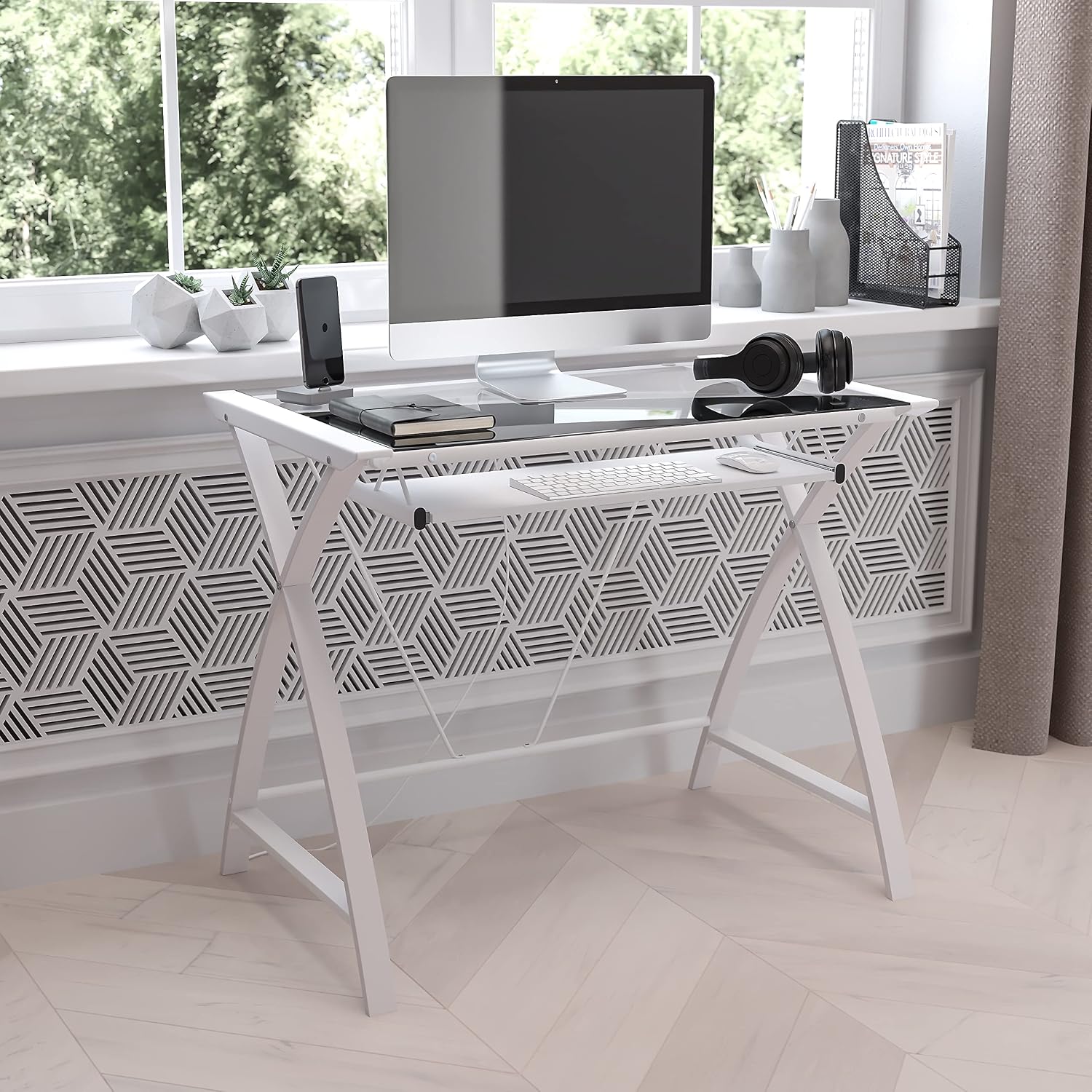 Flash Furniture Jude Tempered Glass Computer Desk with Pull-Out Keyboard Tray and Crisscross Frame, Small Computer Desk for Home Office, Cherry/Clear