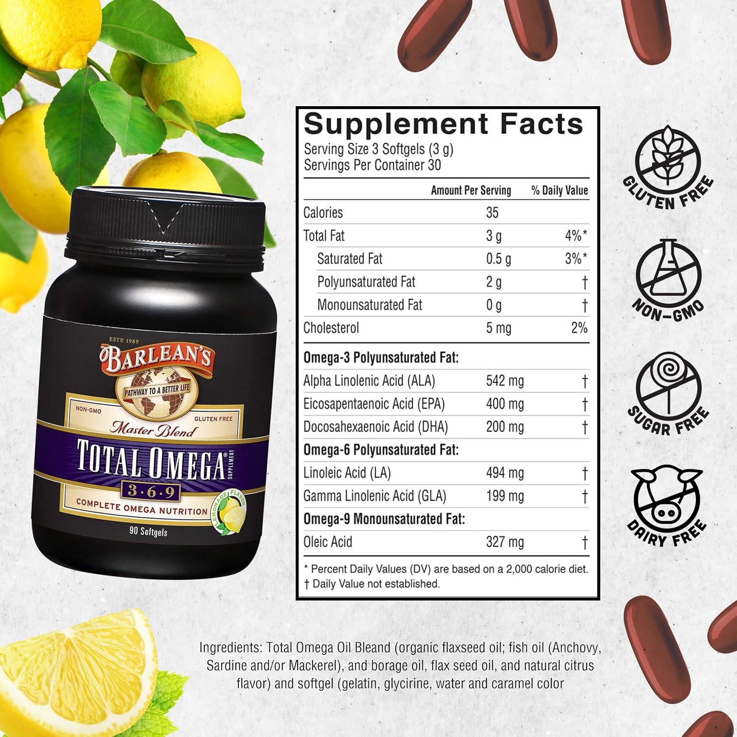 Barlean's Total Omega 3 6 9 Orange Crème Liquid Fish Oil Supplement with Borage and Flaxseed Oil, 2,400 mg of Omegas EPA and DHA Plus GLA for Joint and Heart Health, 8 oz | Fish, borage & flax oils, EPA DHA ALA GLA omegas, Burpless, Non-GMO, Gluten-free,…