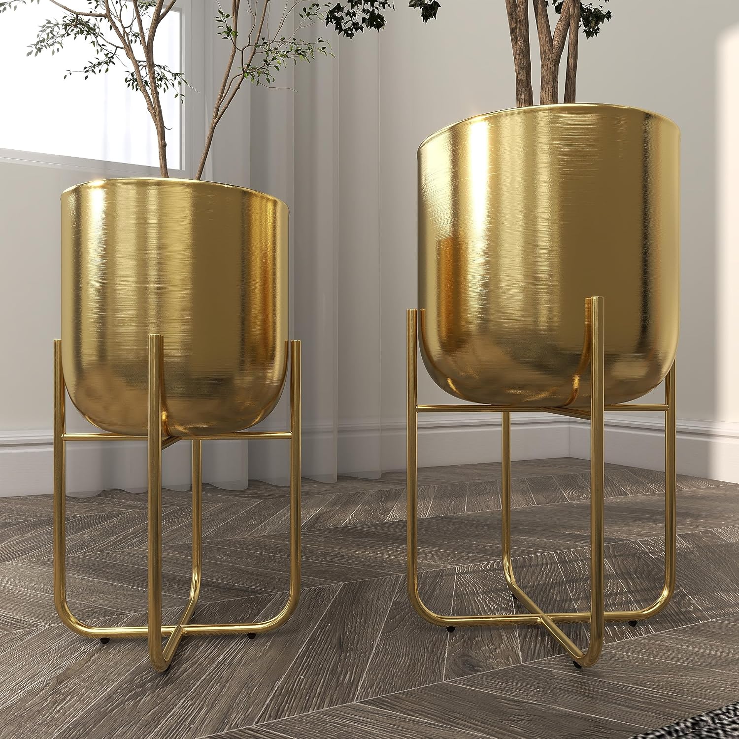 Deco 79 Metal Round Planter with Removable Stand, Set of 2 16", 13"H, Black