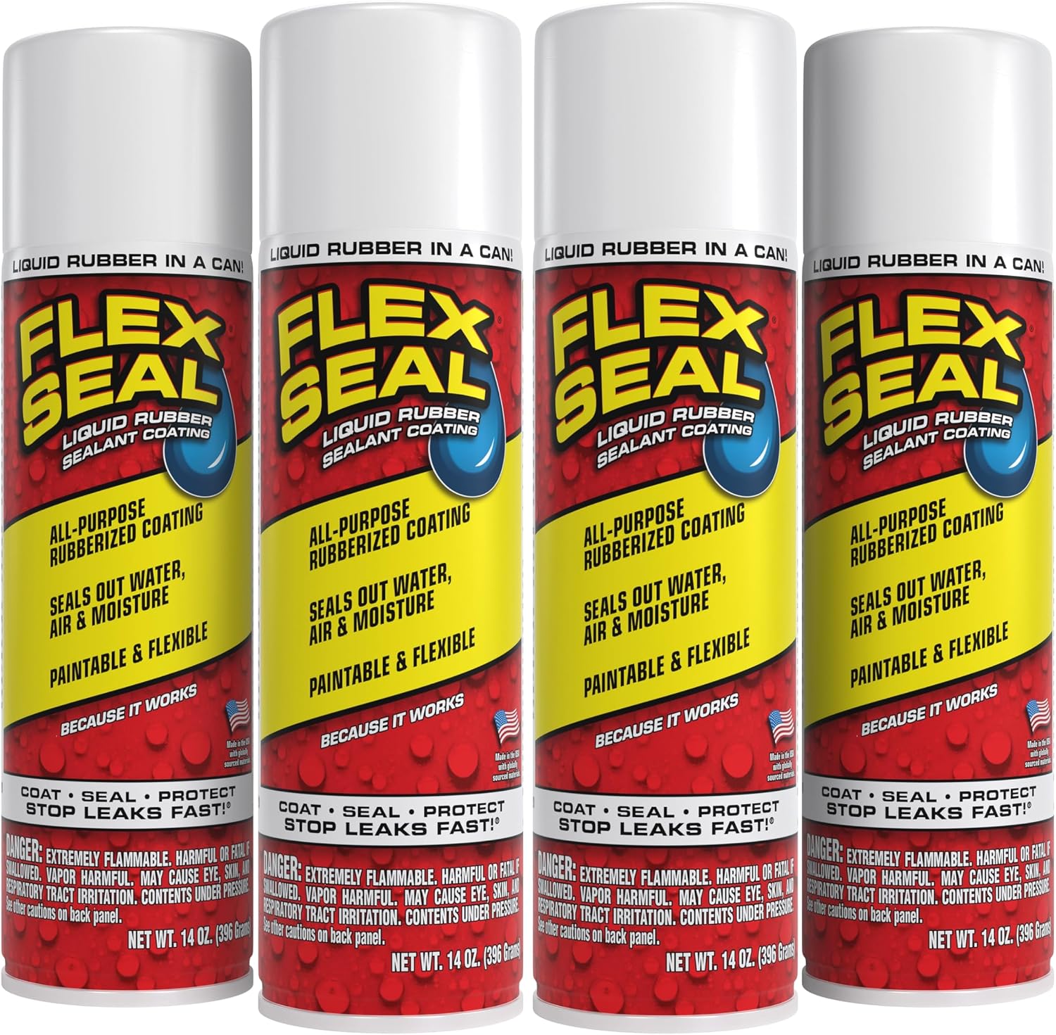 Flex Seal, 14 oz, 4-Pack, White, Stop Leaks Instantly, Waterproof Rubber Spray On Sealant Coating, Perfect for Gutters, Wood, RV, Campers, Roof Repair