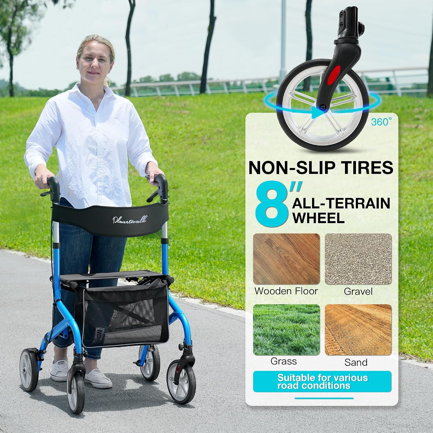 PLANET WALK Super Lightweight Rollator Walker for Seniors, Foldable Rolling Walker with Seat and 8" Rubber Wheels for All Terrain, Unique Design Aluminium Frame Sturdy Walkers for Traveling - Blue