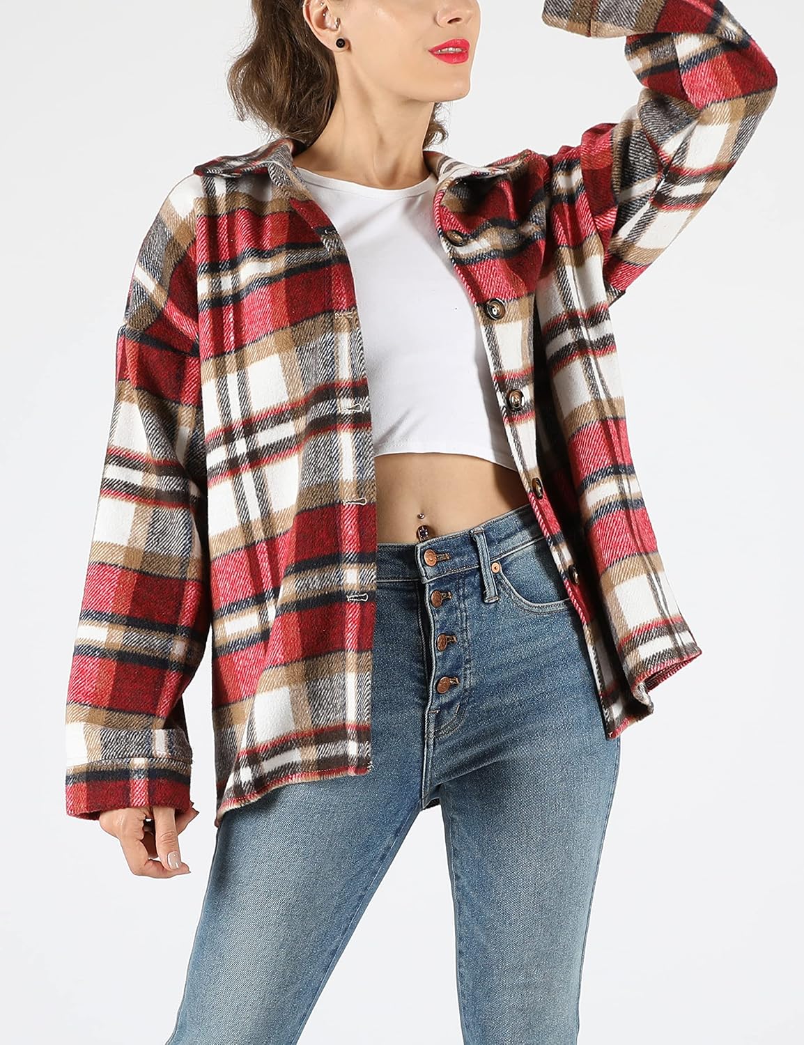 Yeokou Women's Plaid Flannel Shacket Oversized Button Down Long Sleeve Shirt Jacket Casual Spring Fall Outfits