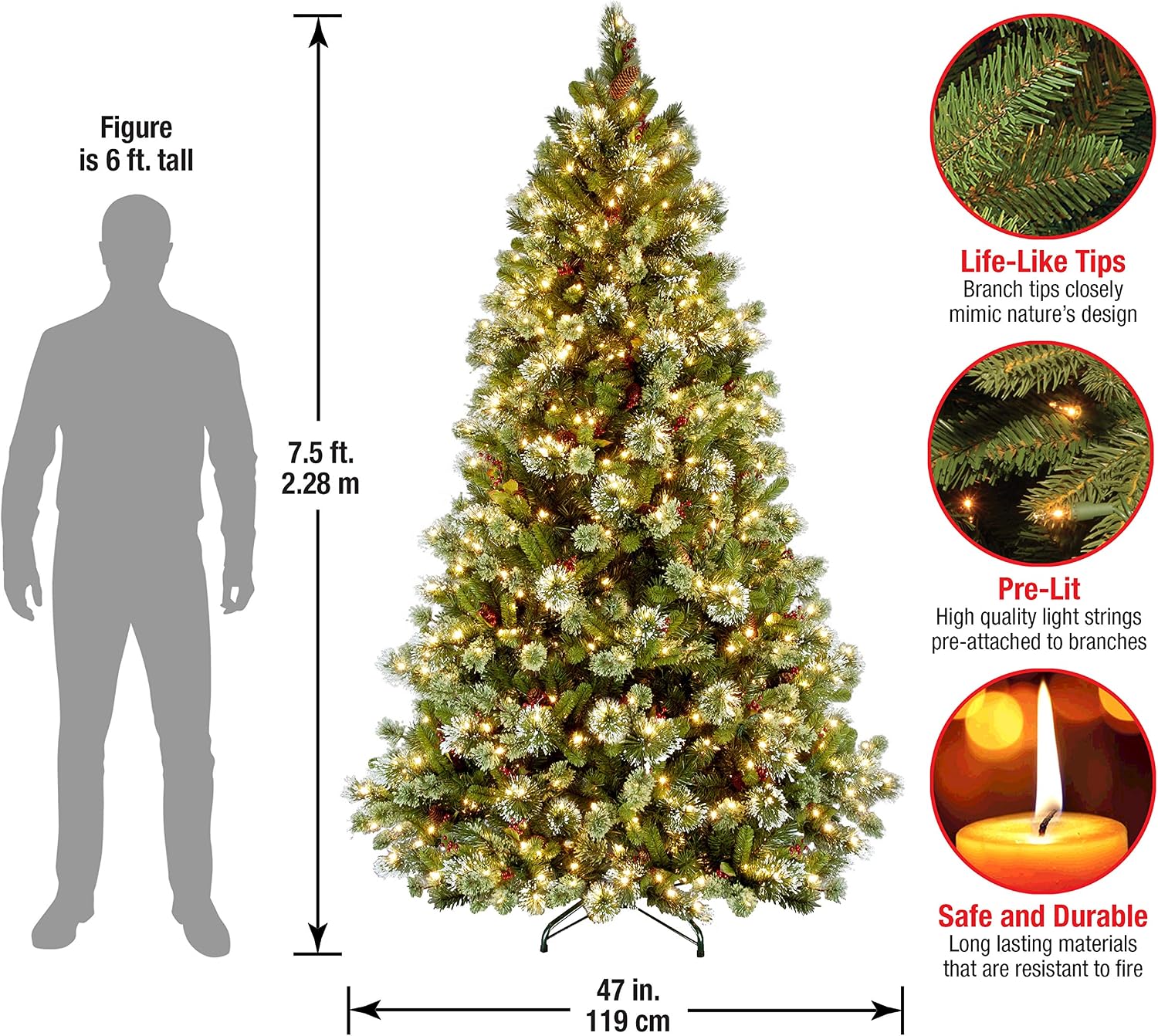 National Tree Company 7.5ft Pre-Lit Wintry Pine Medium Christmas Tree | 650 Clear Lights, 831 Tips, Flocked, Pinecones, Red Berries, Includes Stand, Green