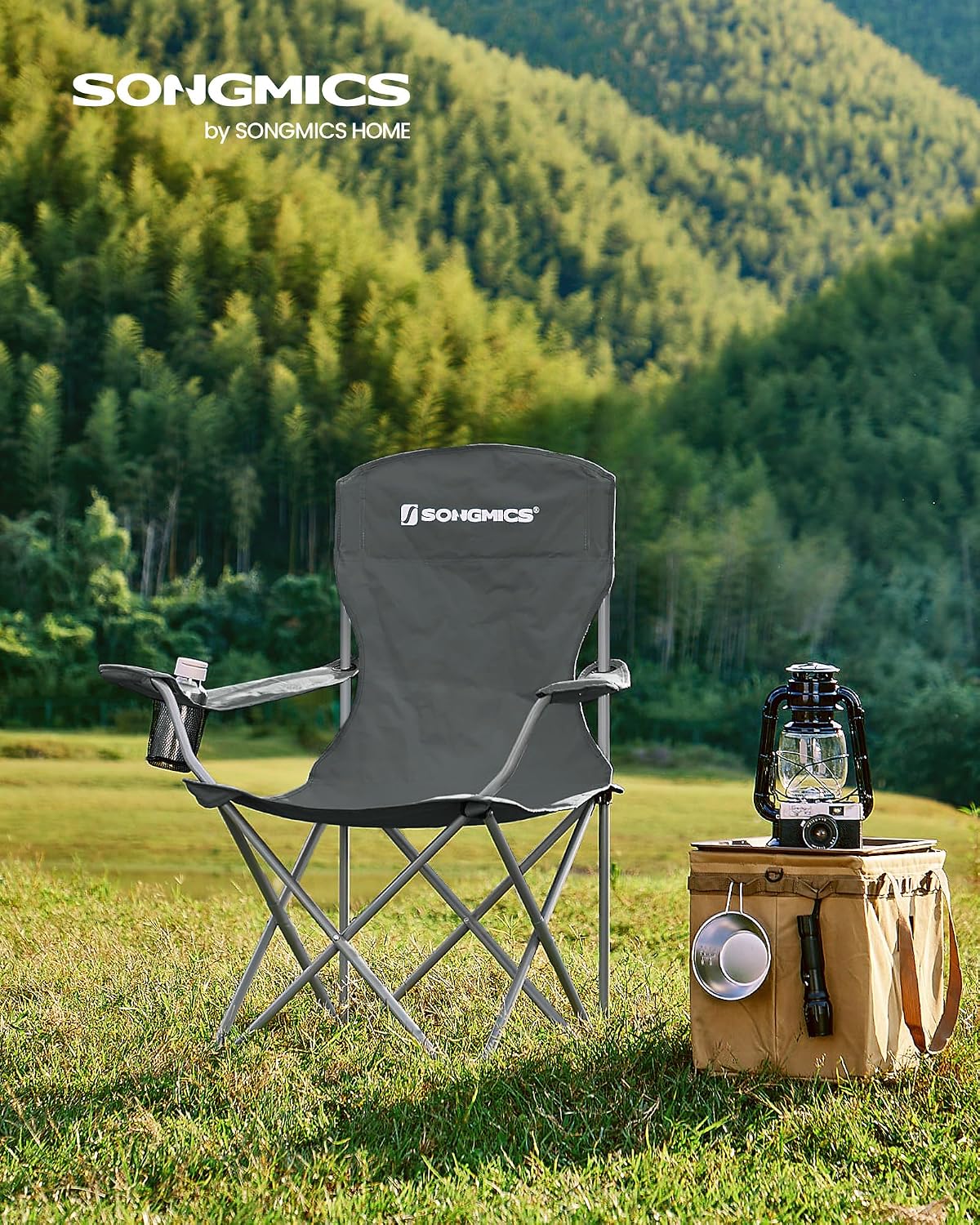 SONGMICS Folding Camping Chair, 450 lb Capacity | Folding lawn chair with cup holder and heavy-duty design, Ink Black, UGCB066B01