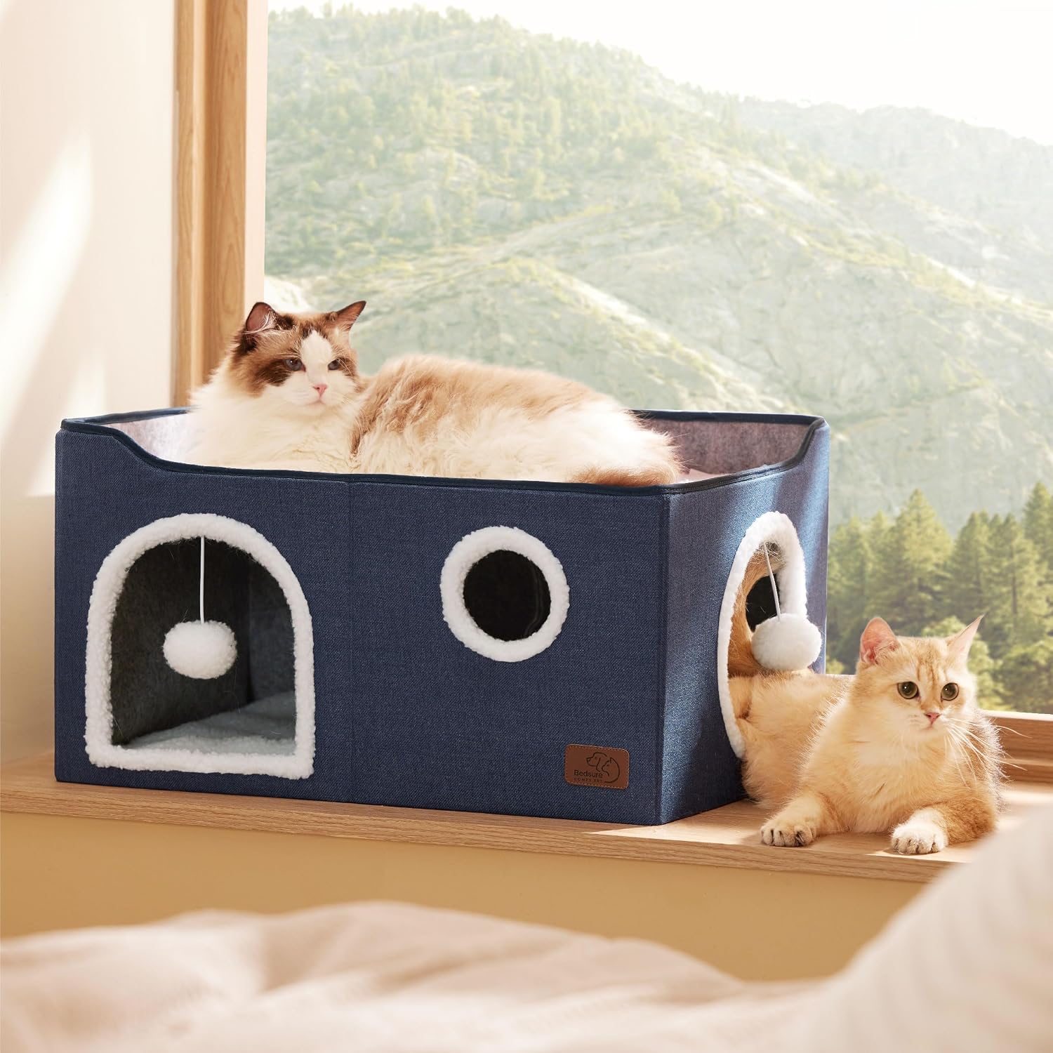 Bedsure Cat House Bed for Indoor Cats with Fluffy Ball and Scratch Pad,Grey