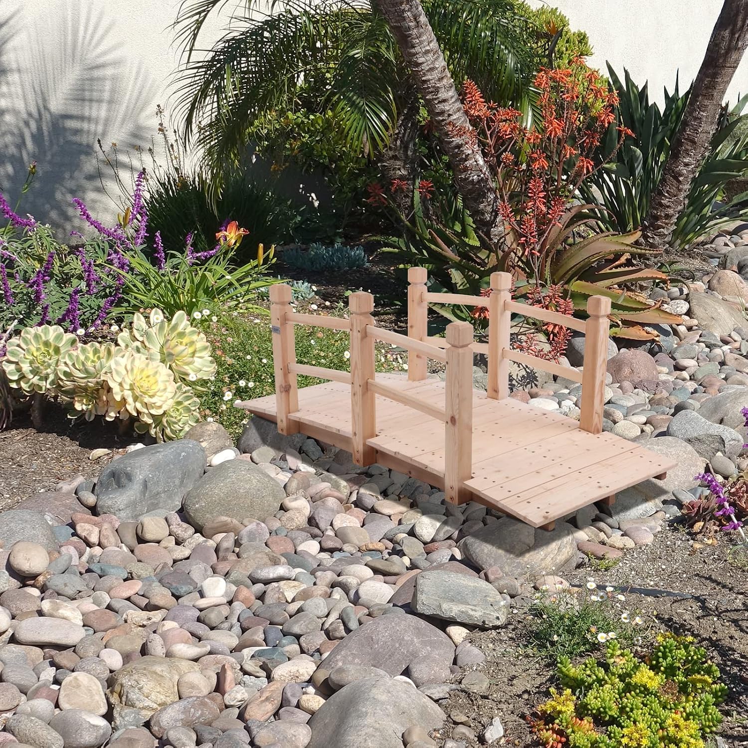 VINGLI 5 ft Garden Bridge, Classic Wooden Arch with Safety Rails Stained Finished Footbridge, Decorative Pond Landscaping, Backyard, Creek or Farm