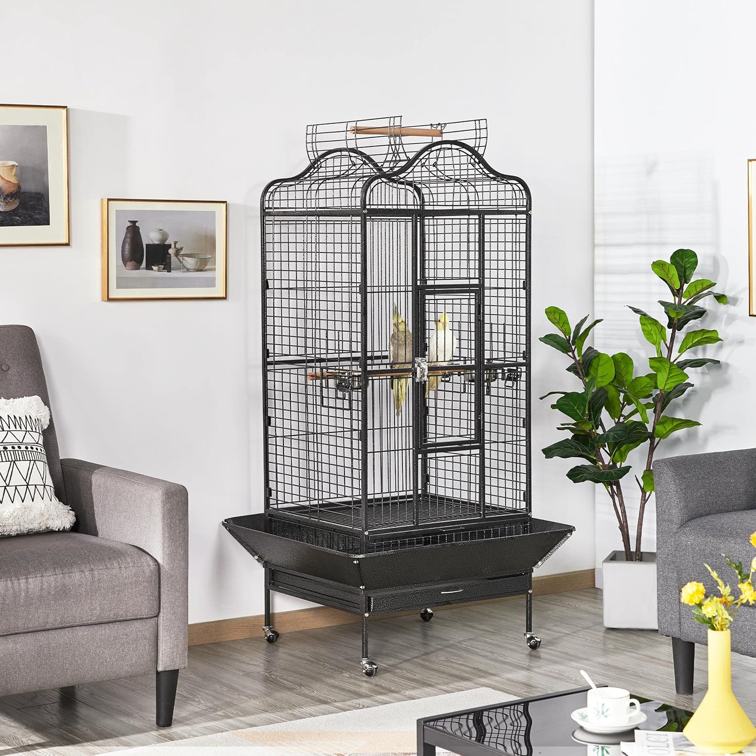 Yaheetech 63'' Bird Cage with Stand Wrought Iron Rolling Open Play Top Large Bird Cage for Mini Macaw African Grey Amazon Parrot