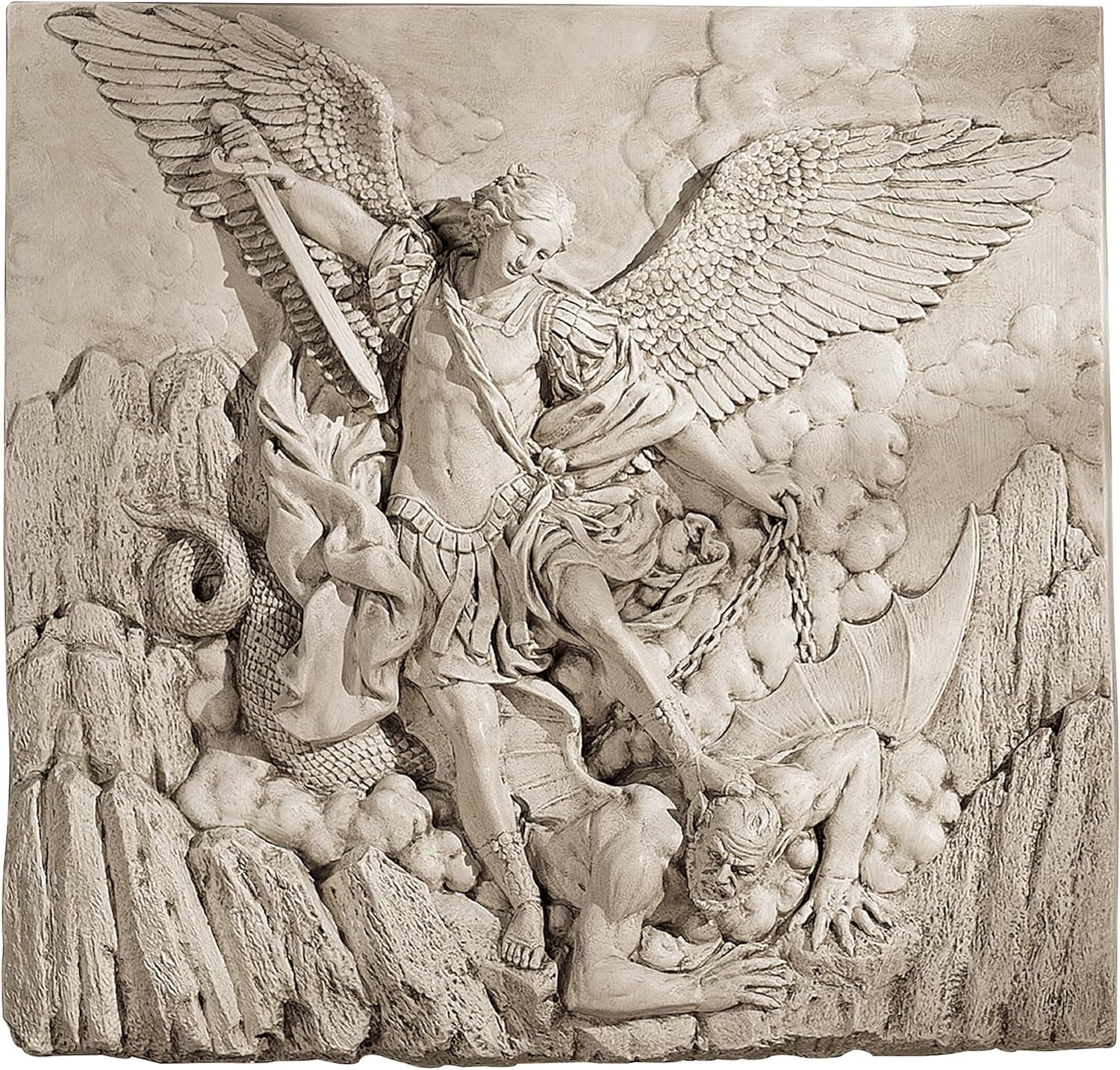 Design Toscano Michael the Archangel Slaying Demon Indoor/Outdoor Wall Frieze Sculpture, 22 inches wide, Cast Stone Resin, Antique Stone Finish