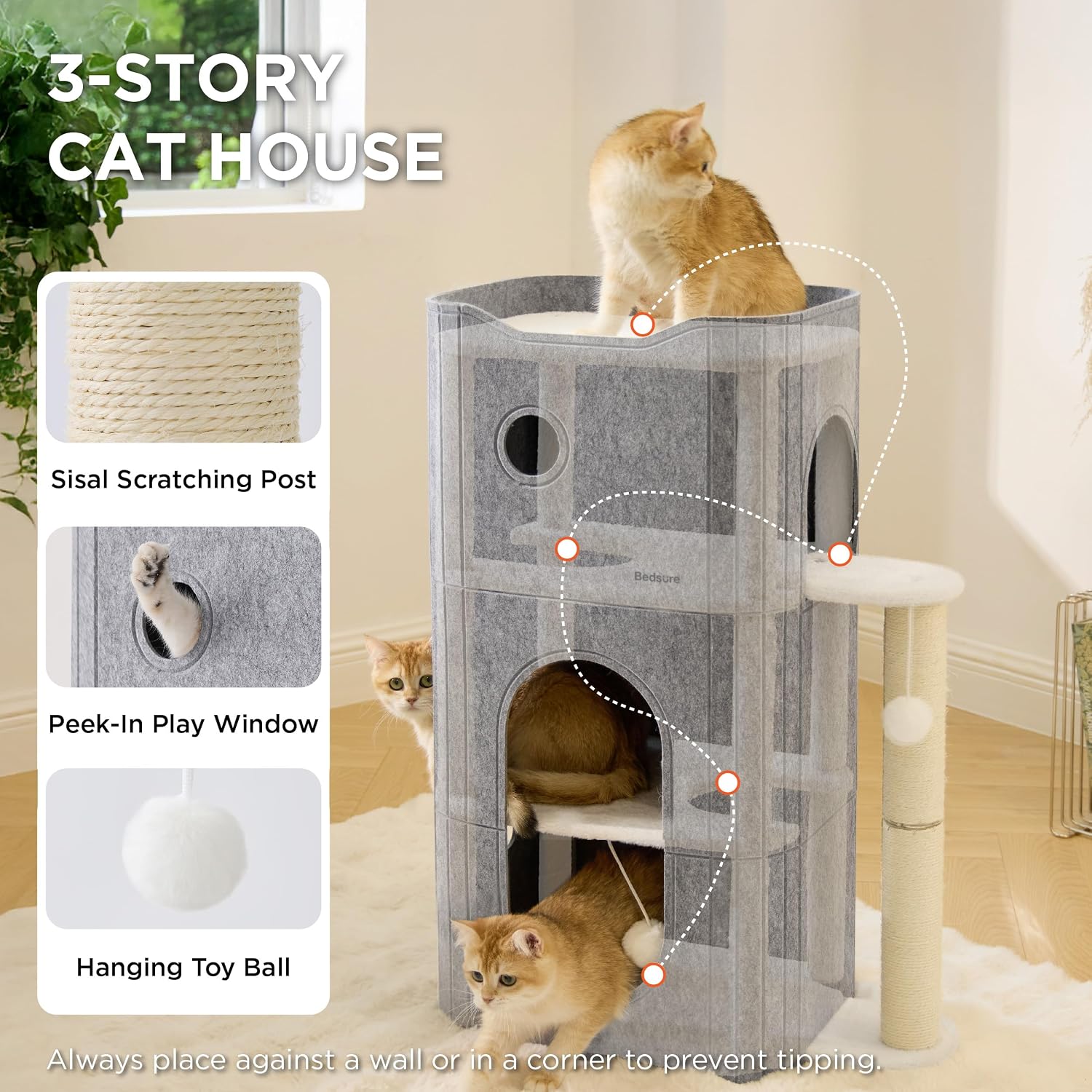 Bedsure Cat House Bed for Indoor Cats with Fluffy Ball and Scratch Pad,Grey