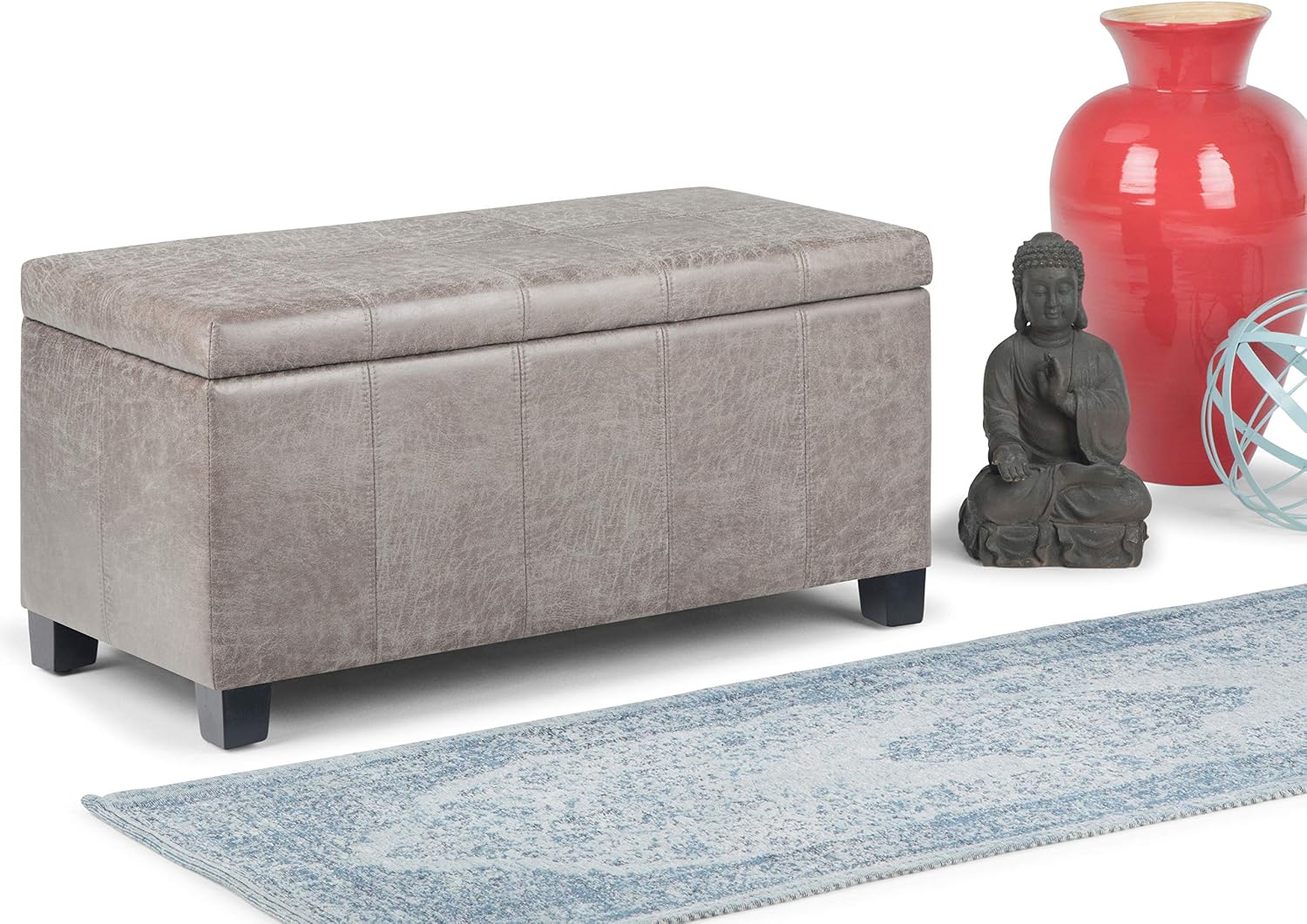 SIMPLIHOME Dover 36" Wide Vegan Leather Storage Ottoman in Midnight Black | Distressed umber brown, contemporary ottoman with lift-top and safety hinges; rectangle storage bench for living room.