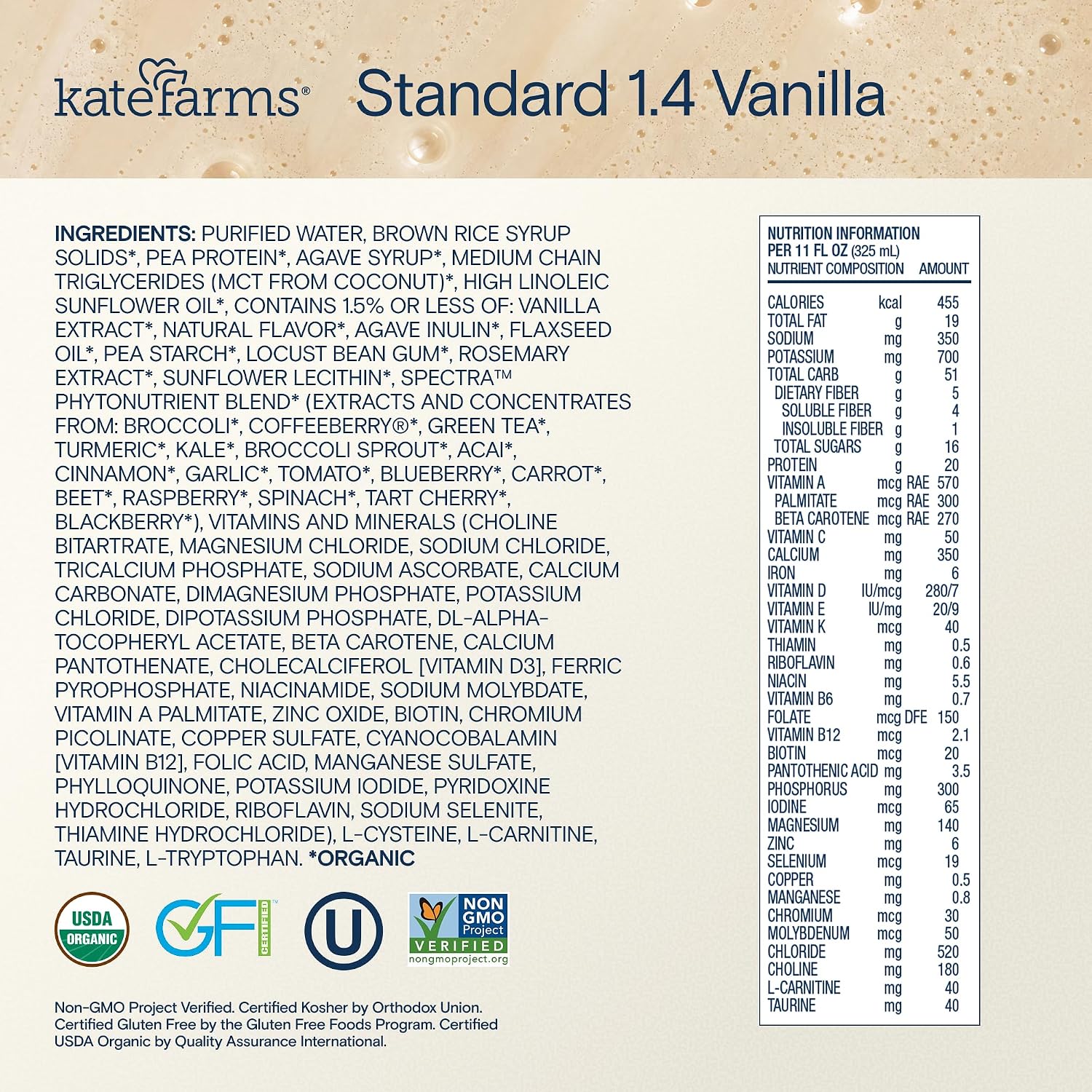 KATE FARMS Organic 1.4 High Calorie Shake, Plain, 20g Protein, 12 Pack