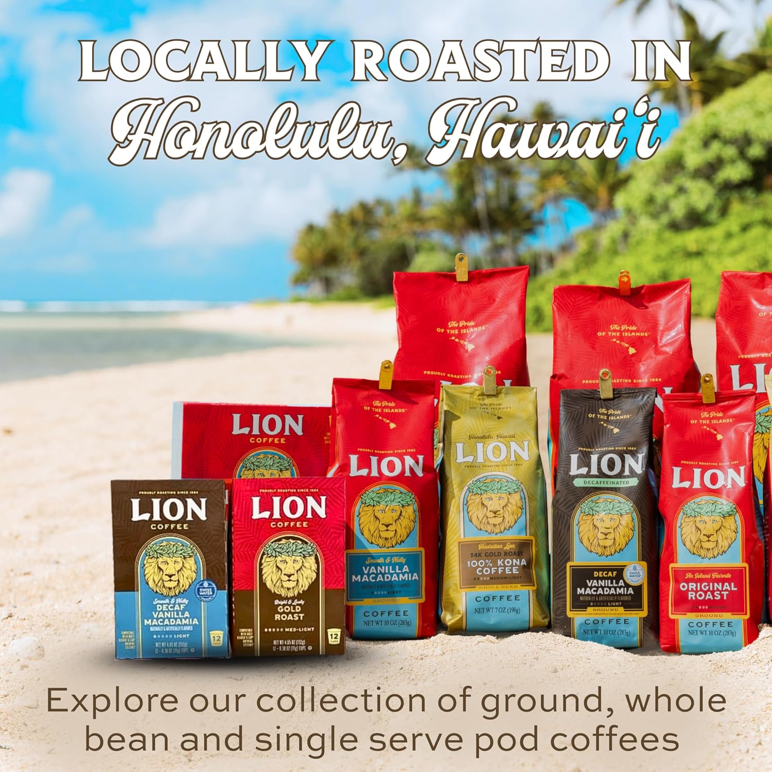 Lion Coffee 24K Gold Roast 100% Kona Whole Bean Coffee, Medium-Light Roast, A Taste of Aloha - 7 Ounce Bag