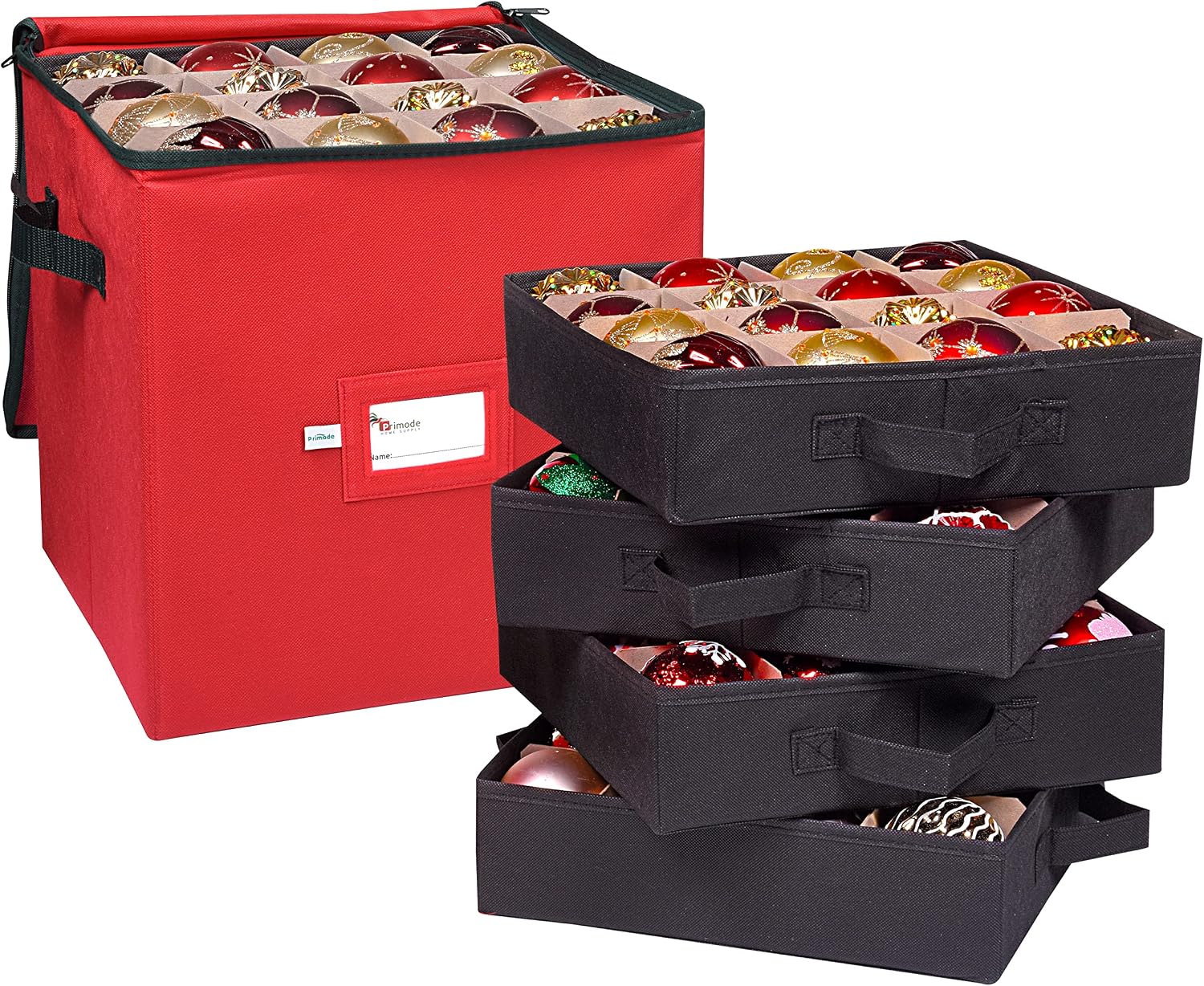 Christmas Ornament Storage Box, 4 Individual Trays Xmas Storage Container, Fits 64 Ornaments Decoration Balls, Constructed of Durable Polyester Material (Red)