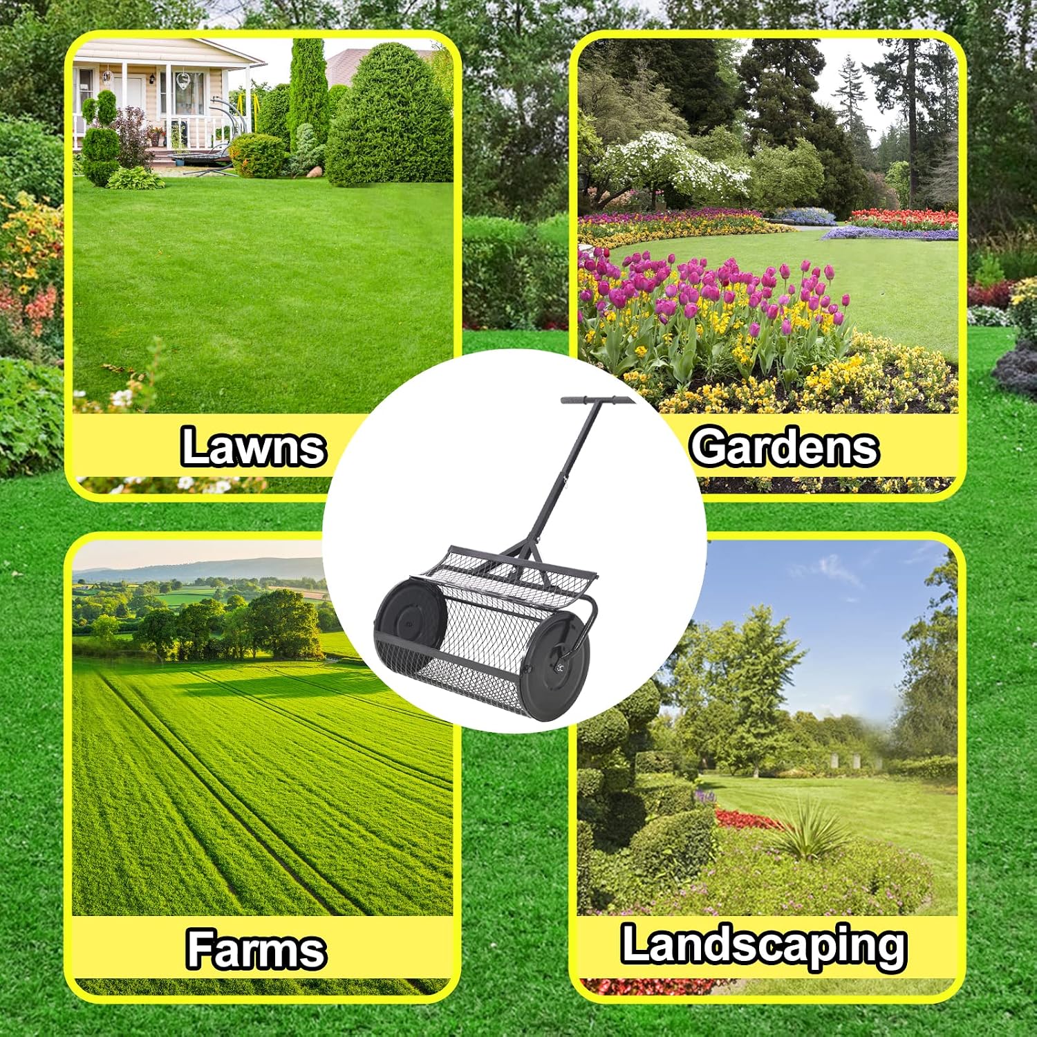 Compost Spreader - 24'' Peat Moss Spreader Manure Spreaders Roller with Adjustable T Shaped Handle Lightweight Metal Mesh Spreader for Lawn Garden Spreading Manure Topsoil, Black 0.5" x 1" Open Slits