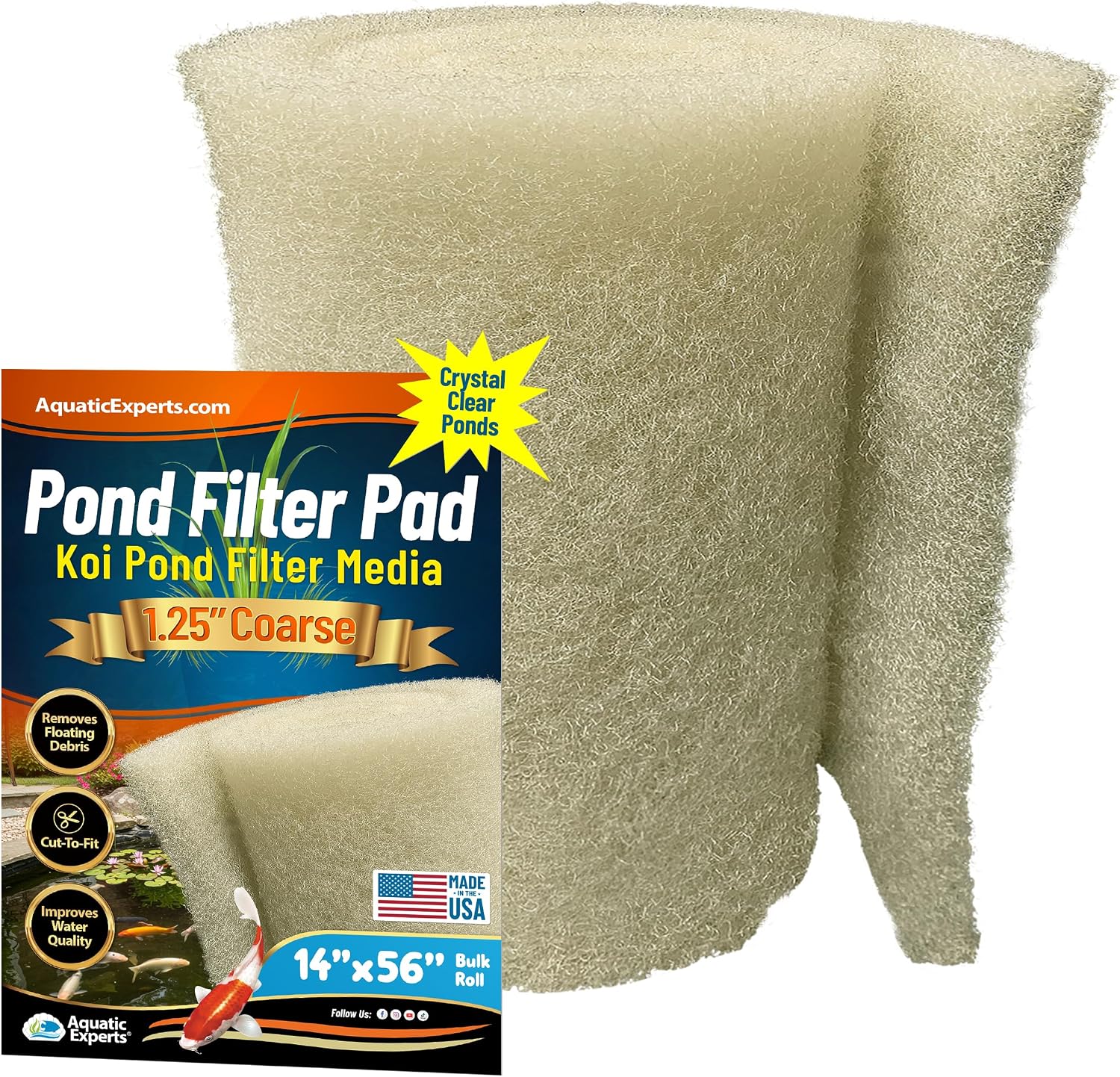 Aquatic Experts Cream COARSE Pond Filter Pad - 2 inch Thick - Bulk Roll Water Garden Filter Pond Media - Made in USA, (12" x 36")