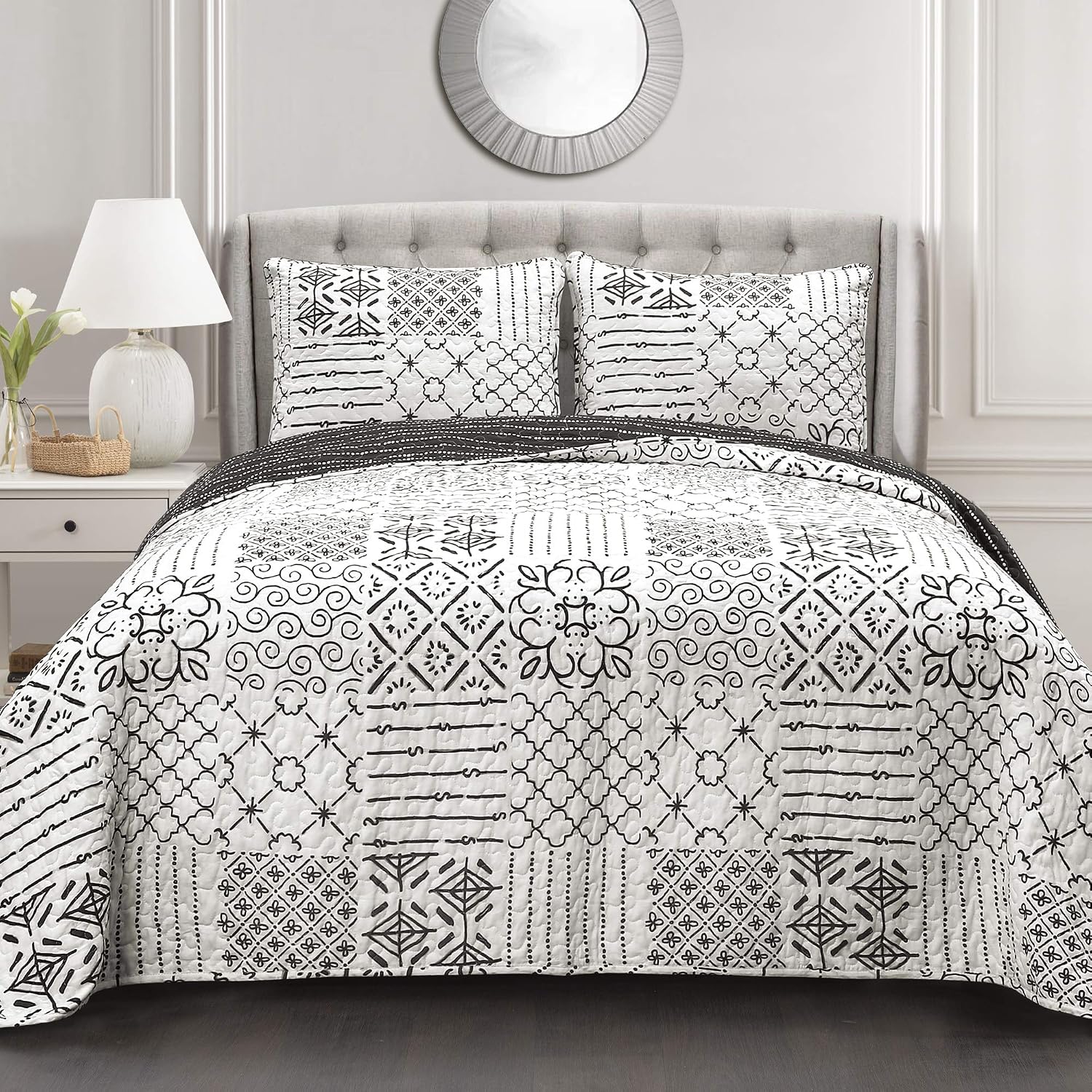 Lush Decor Monique 3 Piece Reversible Print Pattern Blue Quilt Set - Full Queen