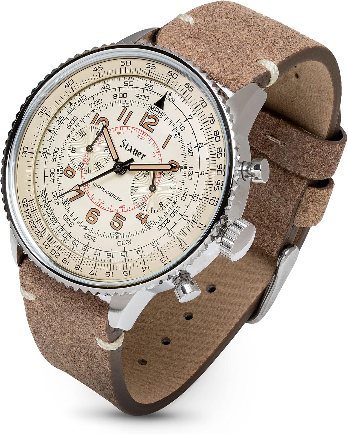 Stauer Co-Pilot Men's Chronograph Watch with Stainless Steel Case and Brown Leather Band