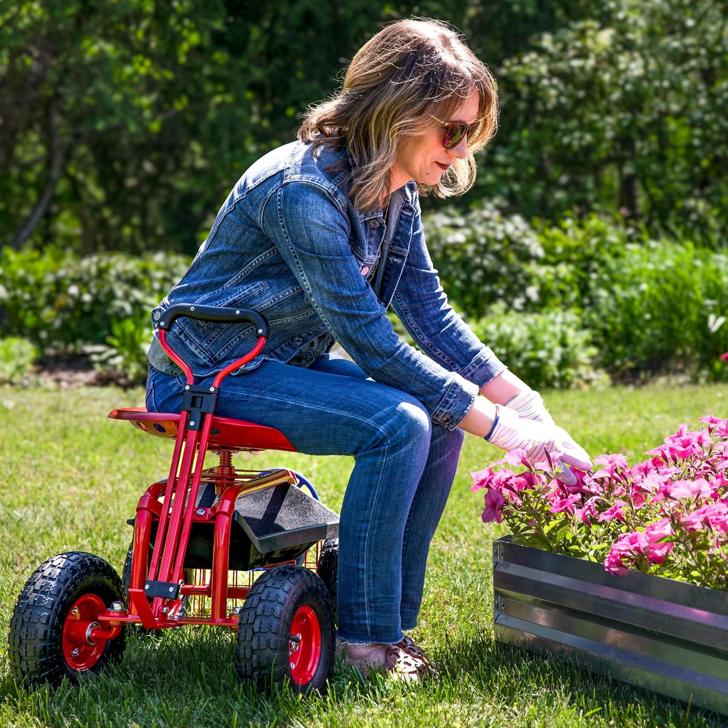 Sunnydaze Garden Seat with Wheels and Adjustable Handle, Red | Steel Rolling Gardening Seat with Utility Tray for Storage, Rotating, Swiveling Motion