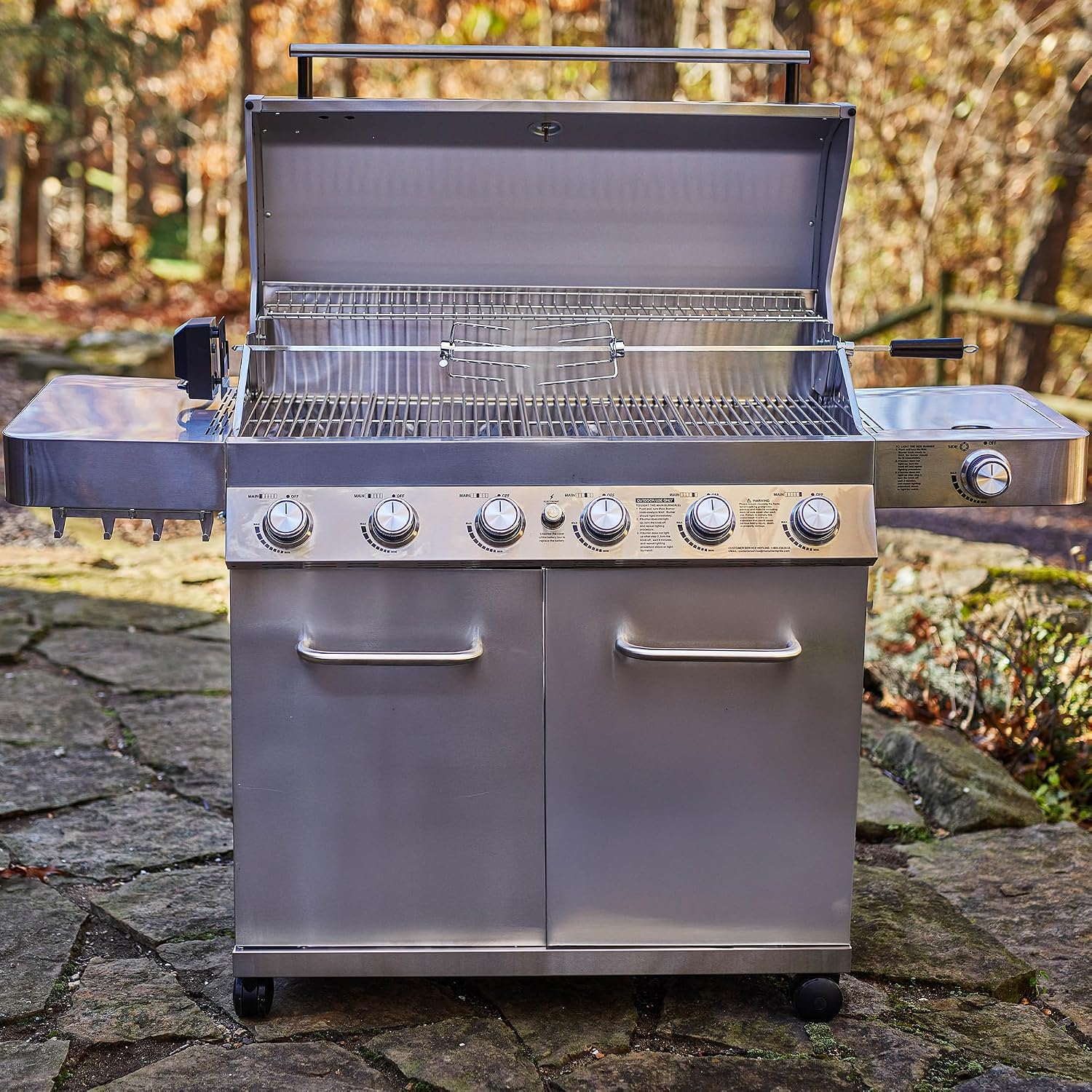 Monument Grills 77352 6+1 Burner Stainless Steel Cabinet Style Propane Gas Grill with Knob Controls, Side Burner, Built-In Thermometer
