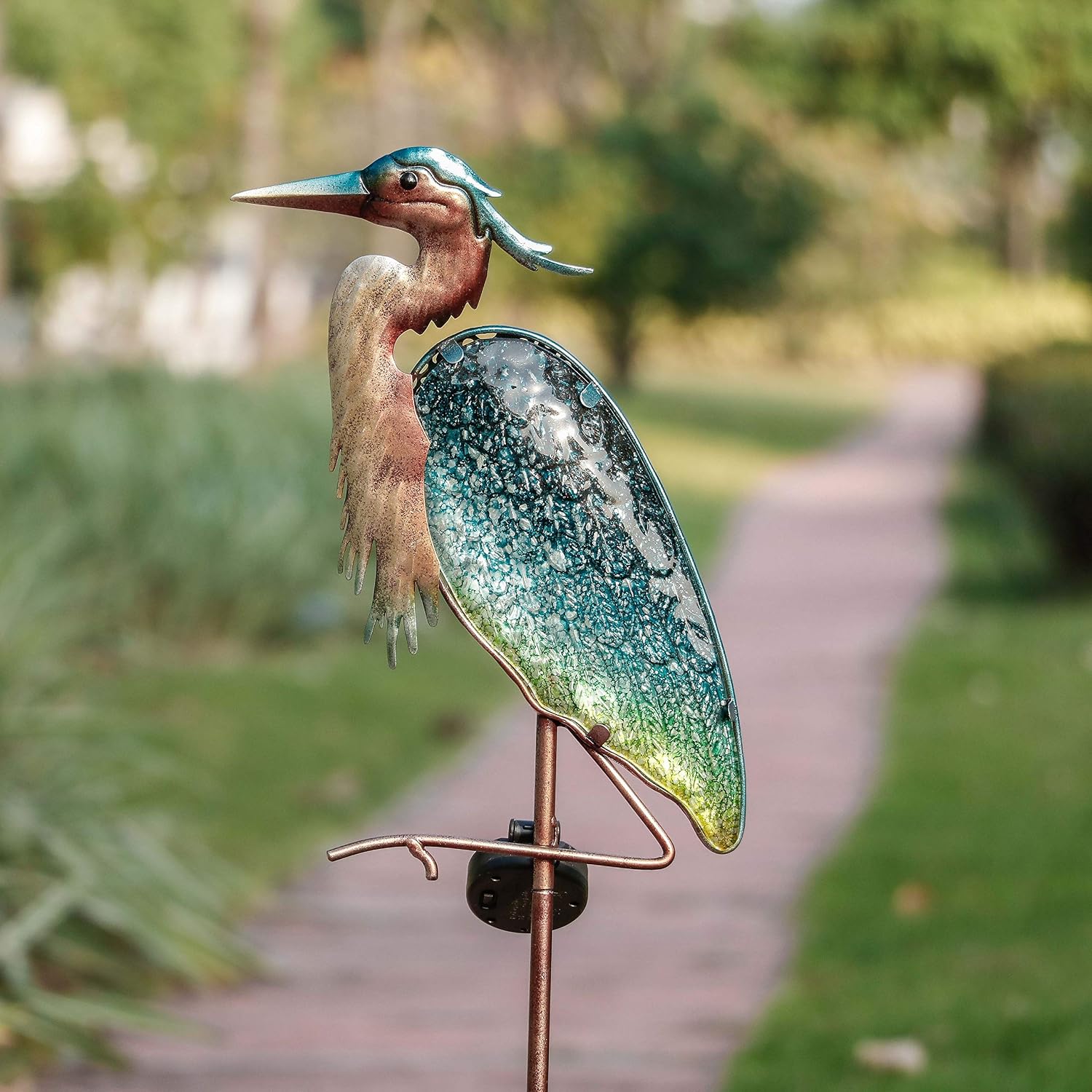 TERESA'S Collections Garden Decor for Outside Blue Heron Solar Lights, 42" Glass Lawn Ornaments with Outdoor Lights Decorative Stake