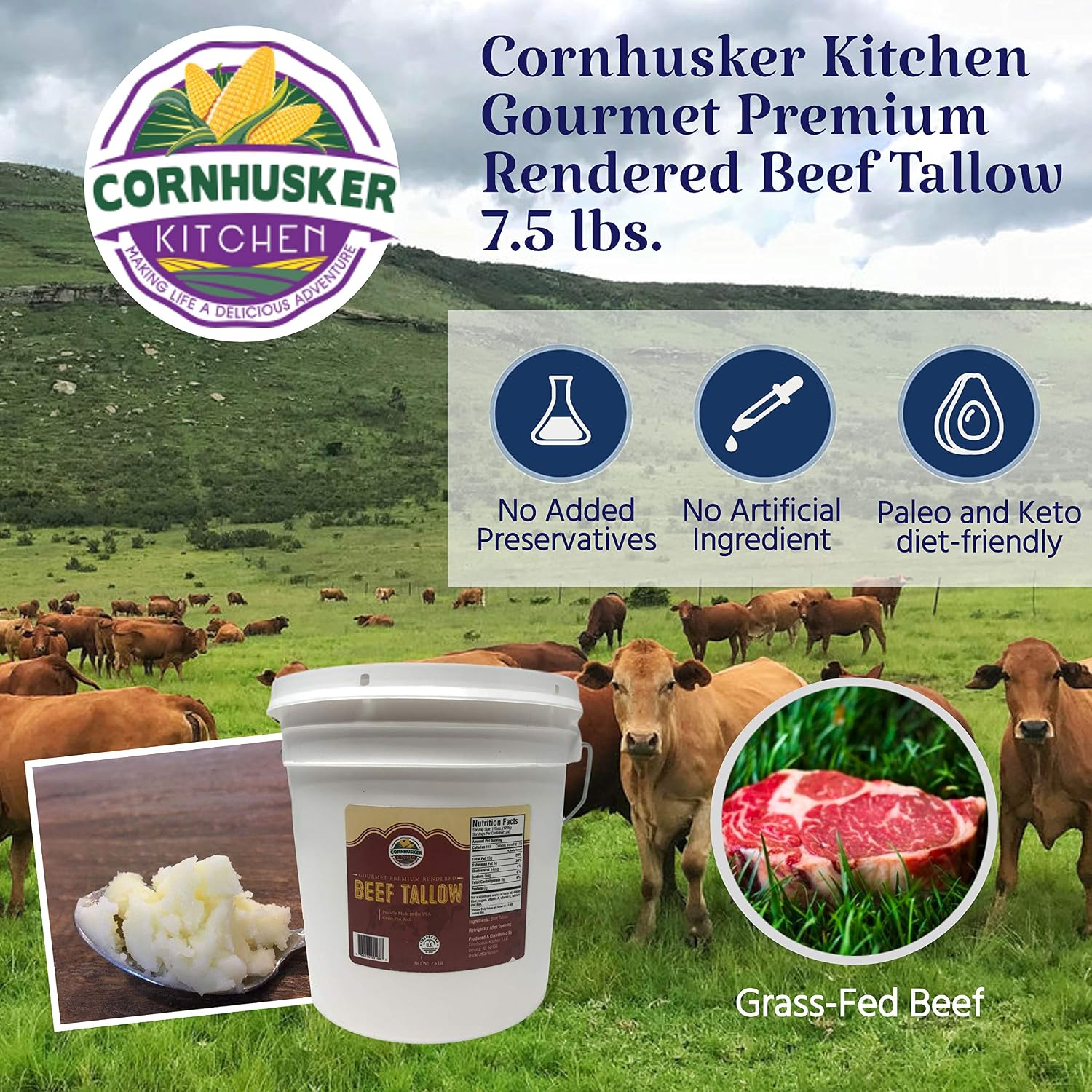 Cornhusker Kitchen Grass Fed Beef Tallow, 7.5 Lbs (Beef Tallow)