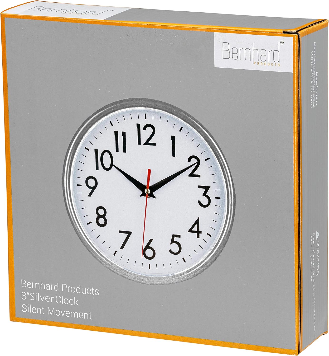 Bernhard Products Silver Wall Clock 8" Silent Non-Ticking Quality Quartz Battery Operated Clock for Home Kitchen Bedroom Bathroom Classroom Nursery