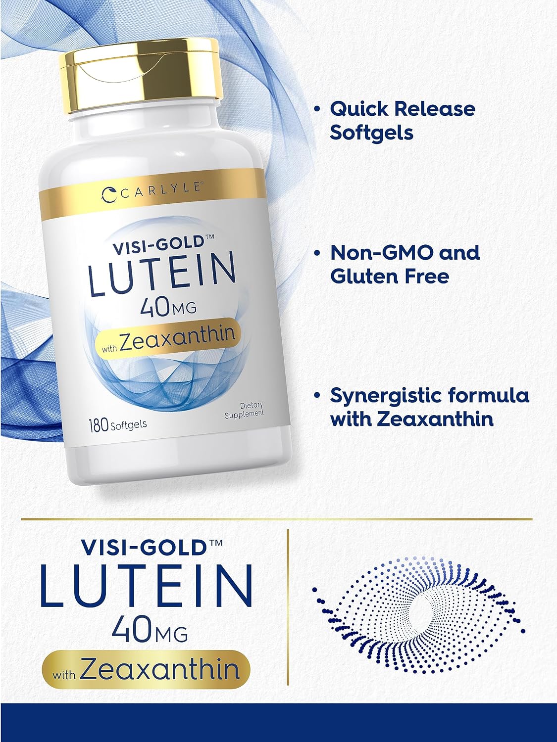 Carlyle Lutein and Zeaxanthin Supplement | 40mg | 180 Softgels | Pills for Eyes | Eye Health Vitamins | Visi-Gold | Non-GMO and Gluten Free