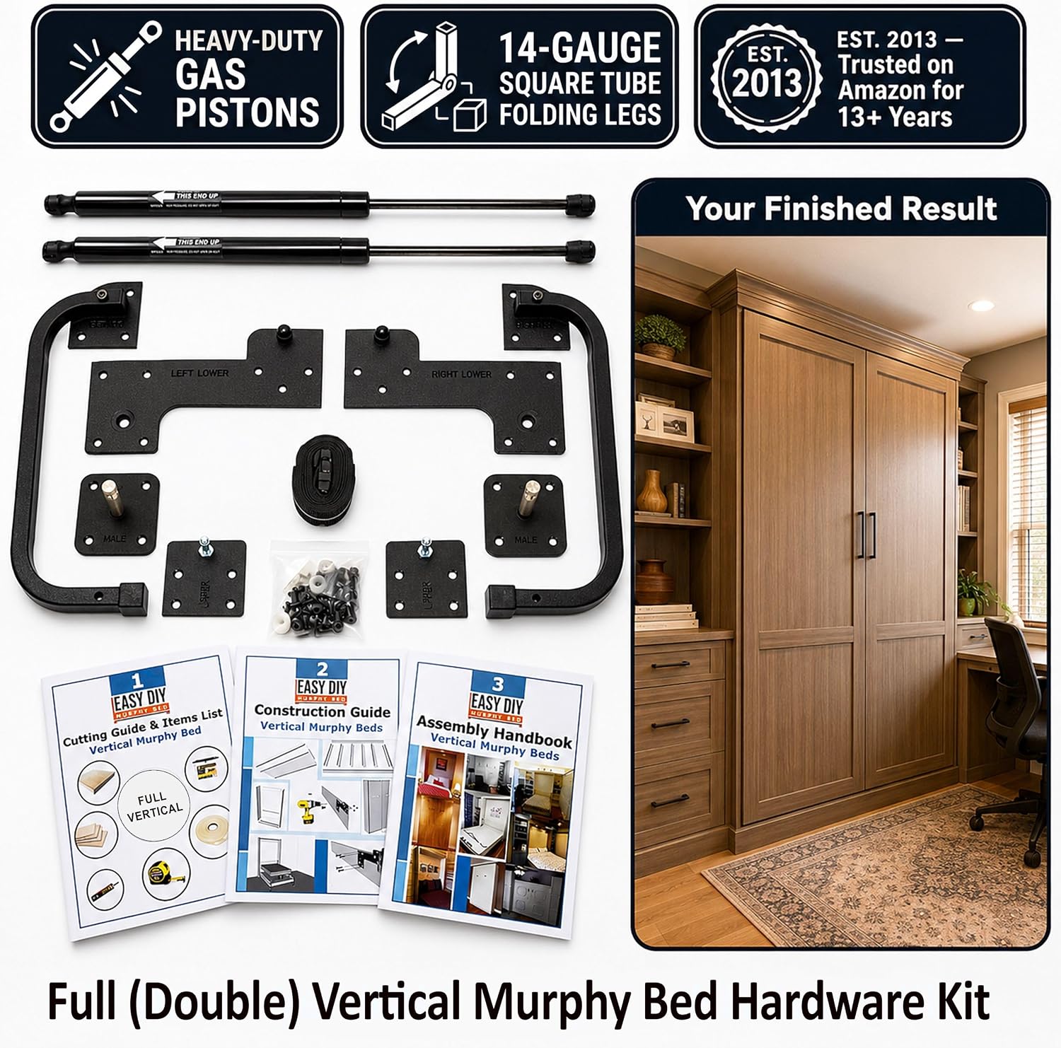 Queen Size Murphy Bed Hardware Kit — Vertical Wall Bed Frame | DIY Murphy Bed Kit with Gas Pistons + 3 Step-by-Step Guides | Made in North America | Hideaway Bed Mechanism
