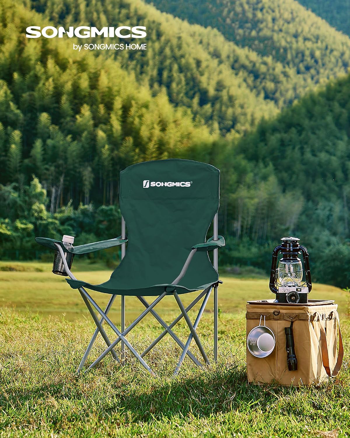 SONGMICS Folding Camping Chair, 450 lb Capacity | Folding lawn chair with cup holder and heavy-duty design, Ink Black, UGCB066B01