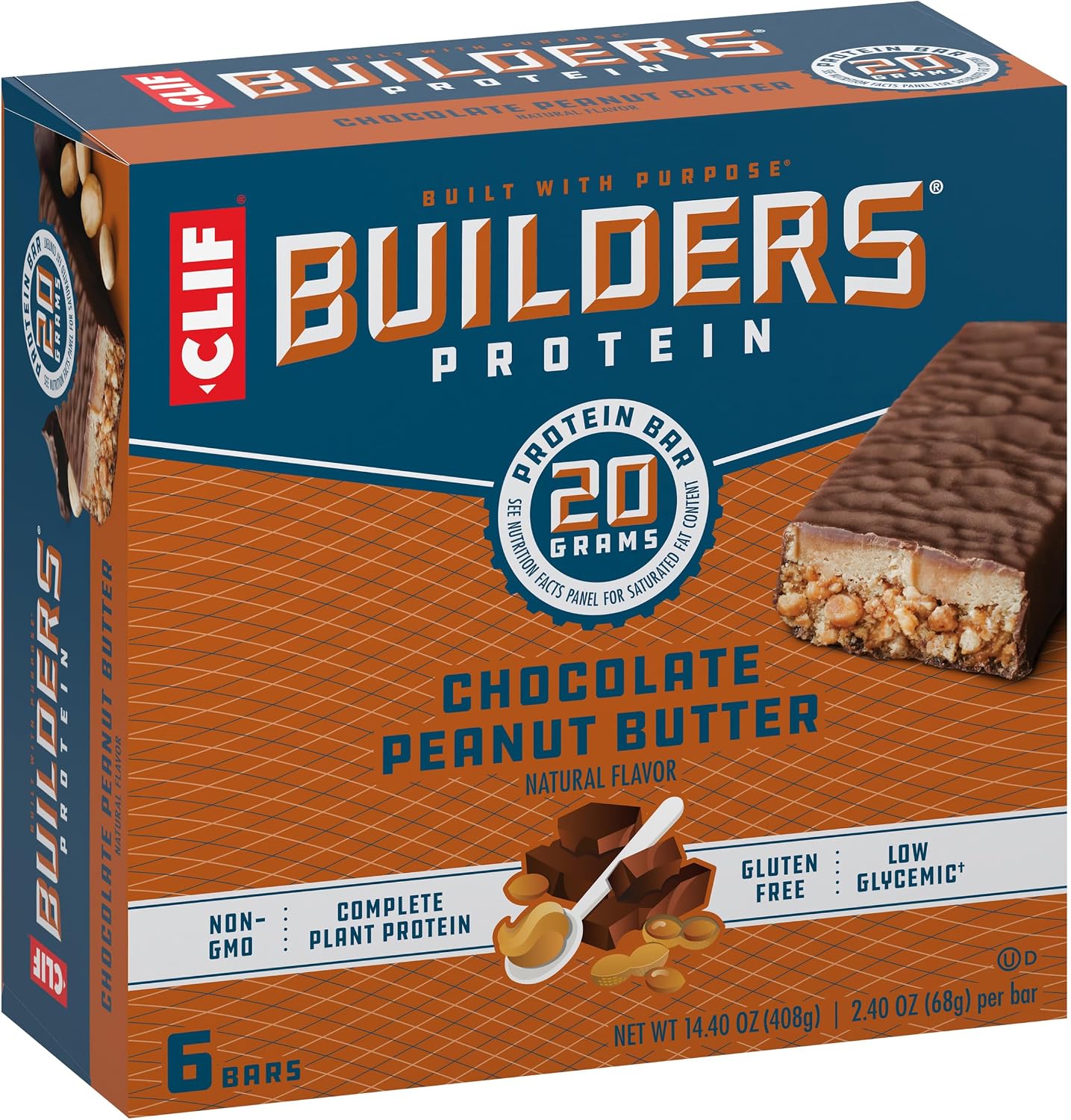 CLIF BUILDERS Protein Bars - Chocolate Peanut Butter Flavor - 20g Plant Based Protein - Gluten Free - Non-GMO - Low Glycemic - No Artificial