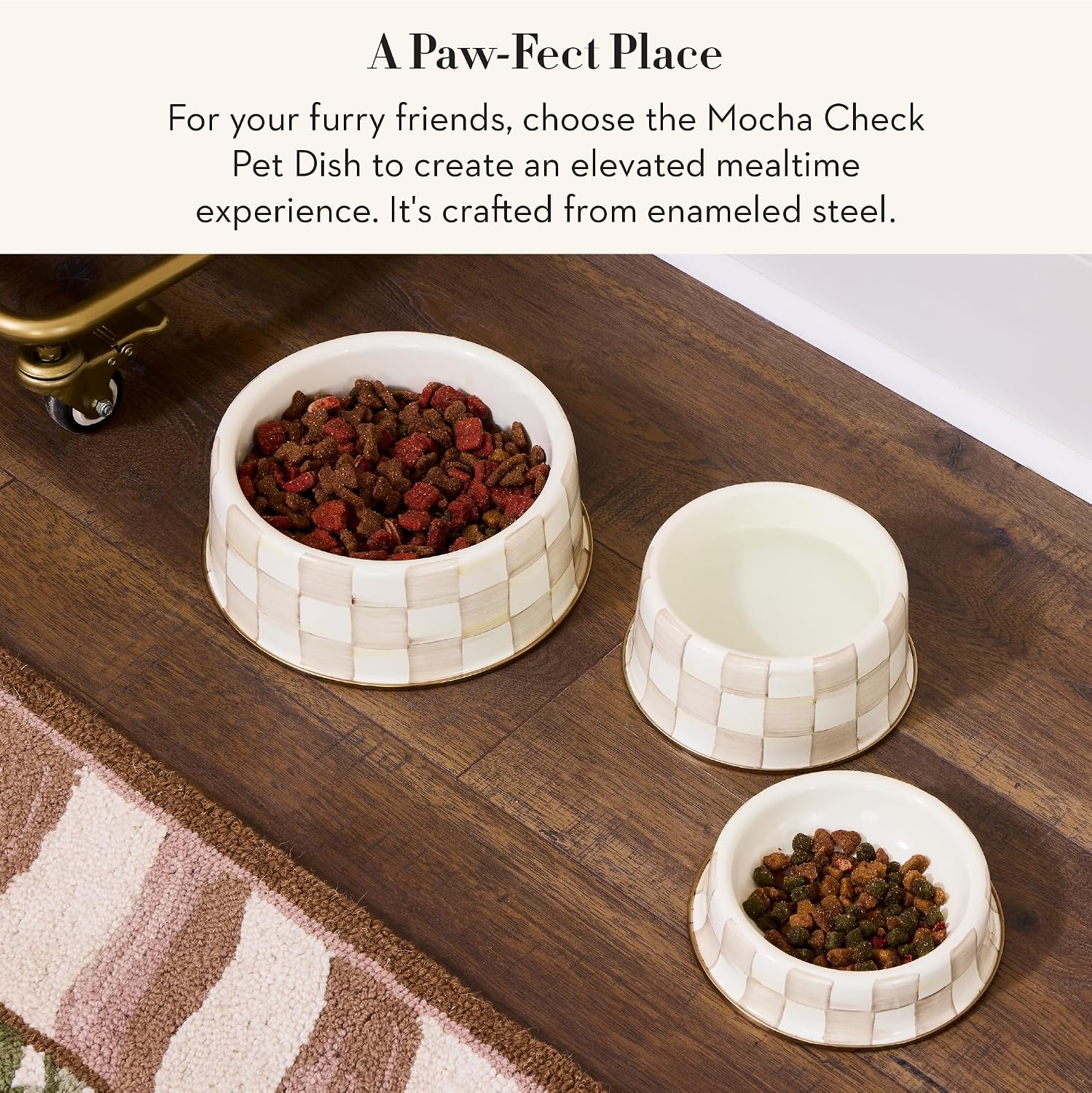 MACKENZIE-CHILDS Enamel Pet Dish, Large, Black-and-White Courtly Check | Decorative cat and dog bowl for food and water, 40-ounce capacity