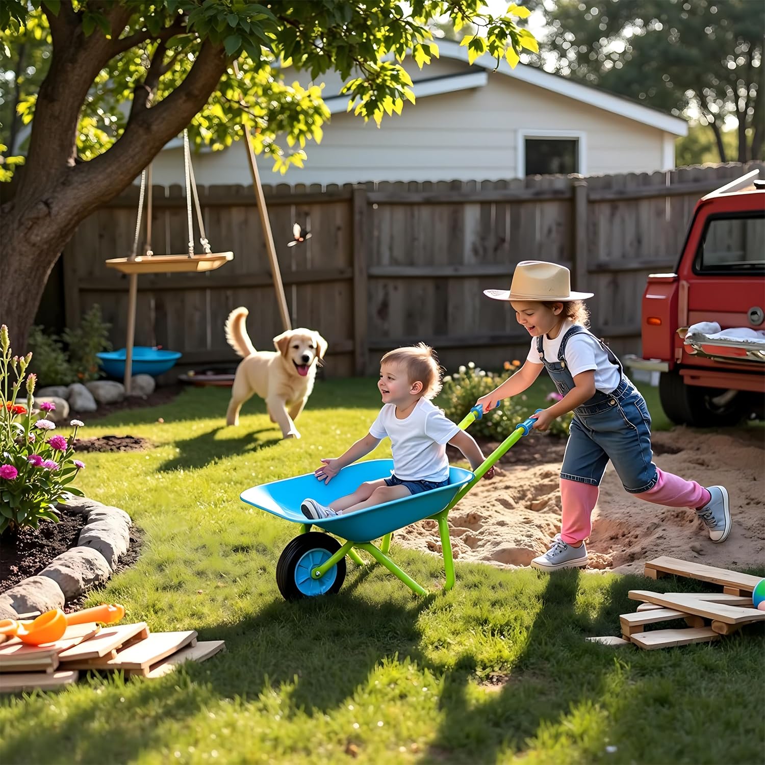 G & F Kids Metal Wheelbarrow, Child-Size Steel Garden Wheelbarrow for Toddlers & Kids, Sturdy Single-Wheel Design for Outdoor Play