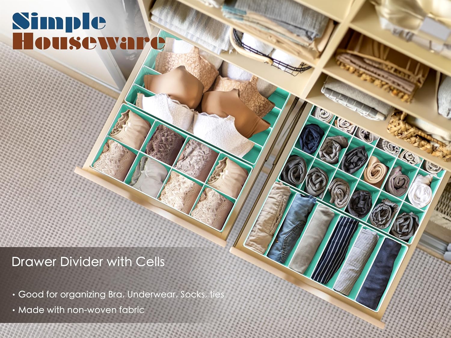Simple Houseware 4-Pack Drawer Organizer Set for Underwear/Socks/Bra, Gray | Closet Dividers for Underwear, Socks, Bras, Scarves, Ties - Foldable Non-Woven Storage Boxes