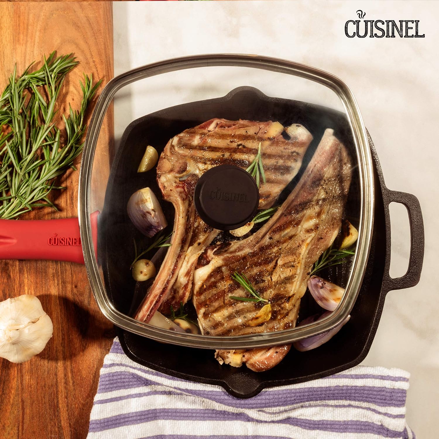Cuisinel Cast Iron Square Grill Pan + Glass Lid + Pan Scraper + Handle Cover - 10.5" Pre-Seasoned Ridged Skillet - Grill, Stovetop, Fire