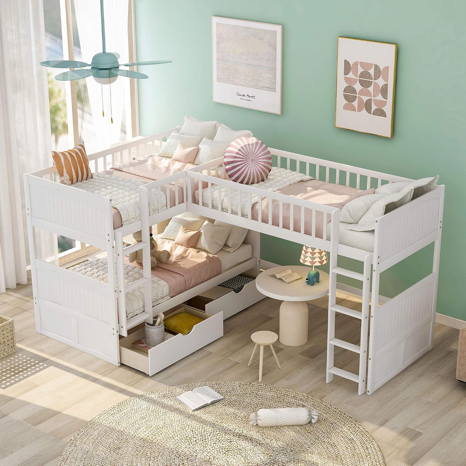 Harper & Bright Designs Twin L-Shaped Bunk Bed with Trundle, Can be Divided into Two L-Shaped Beds, No Spring Box Needed (Grey)