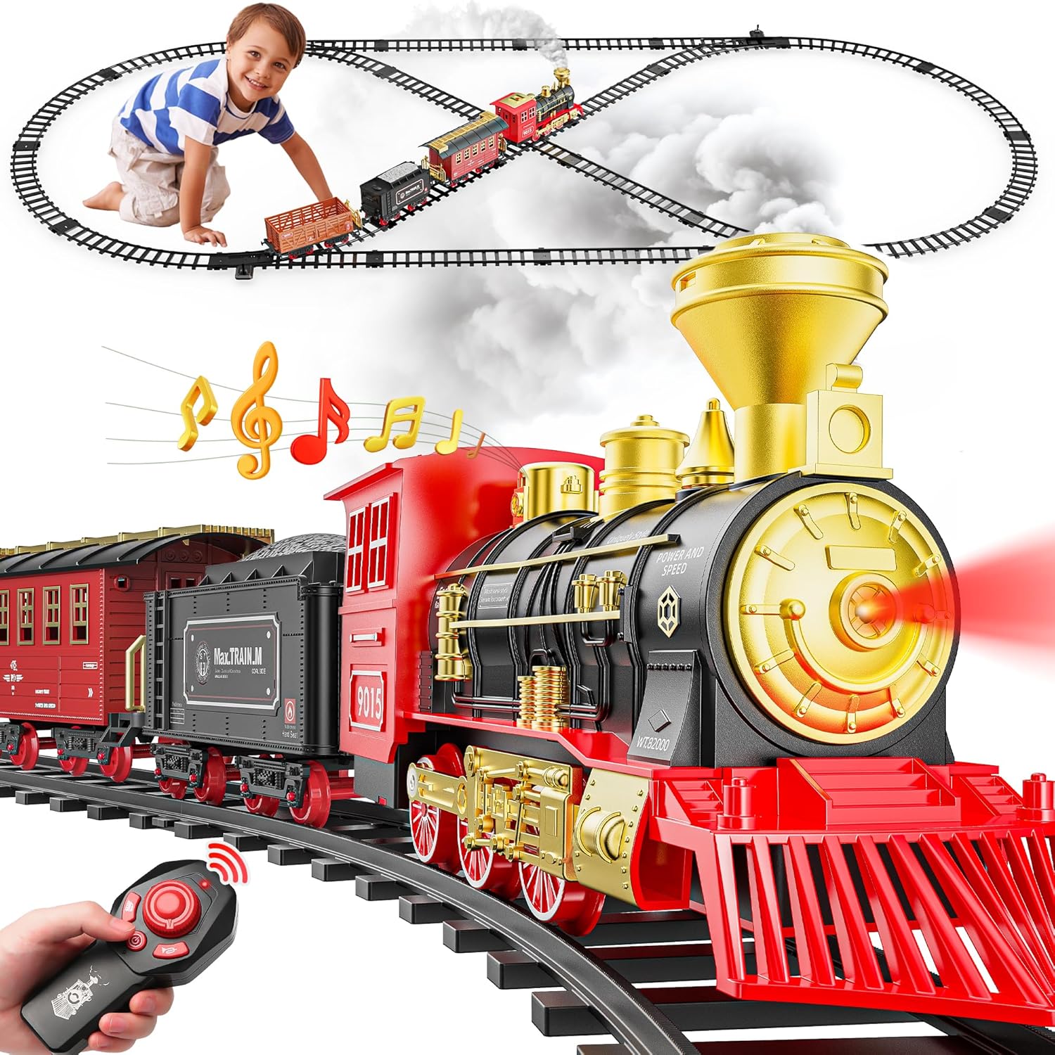 Hot Bee Train Set, Train Toys with Smoke, Lights, Sound and Train Tracks