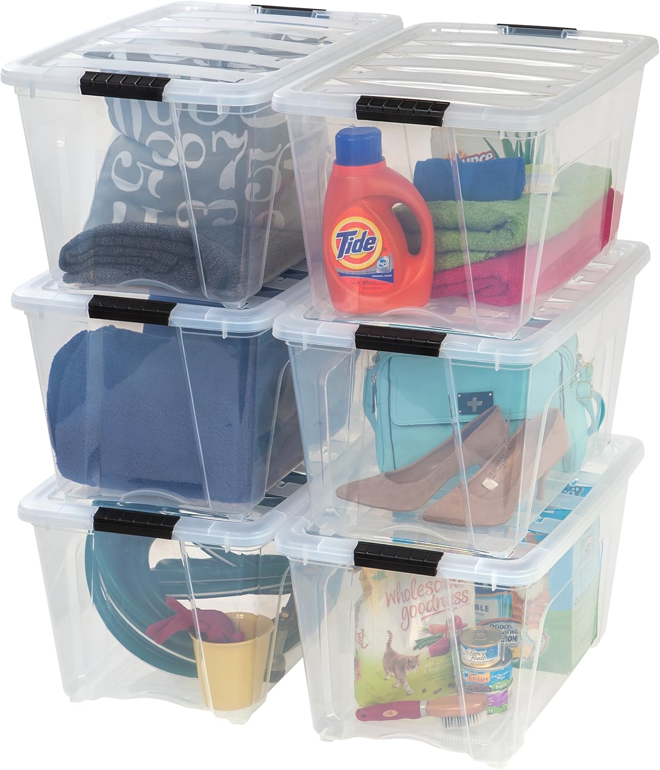 IRIS USA 6-Pack 54 Quart Storage Bins with Lids, Clear | Transparent design makes contents easy to find. Perfect for moving, blankets, clothing, and garage storage. Nestable design