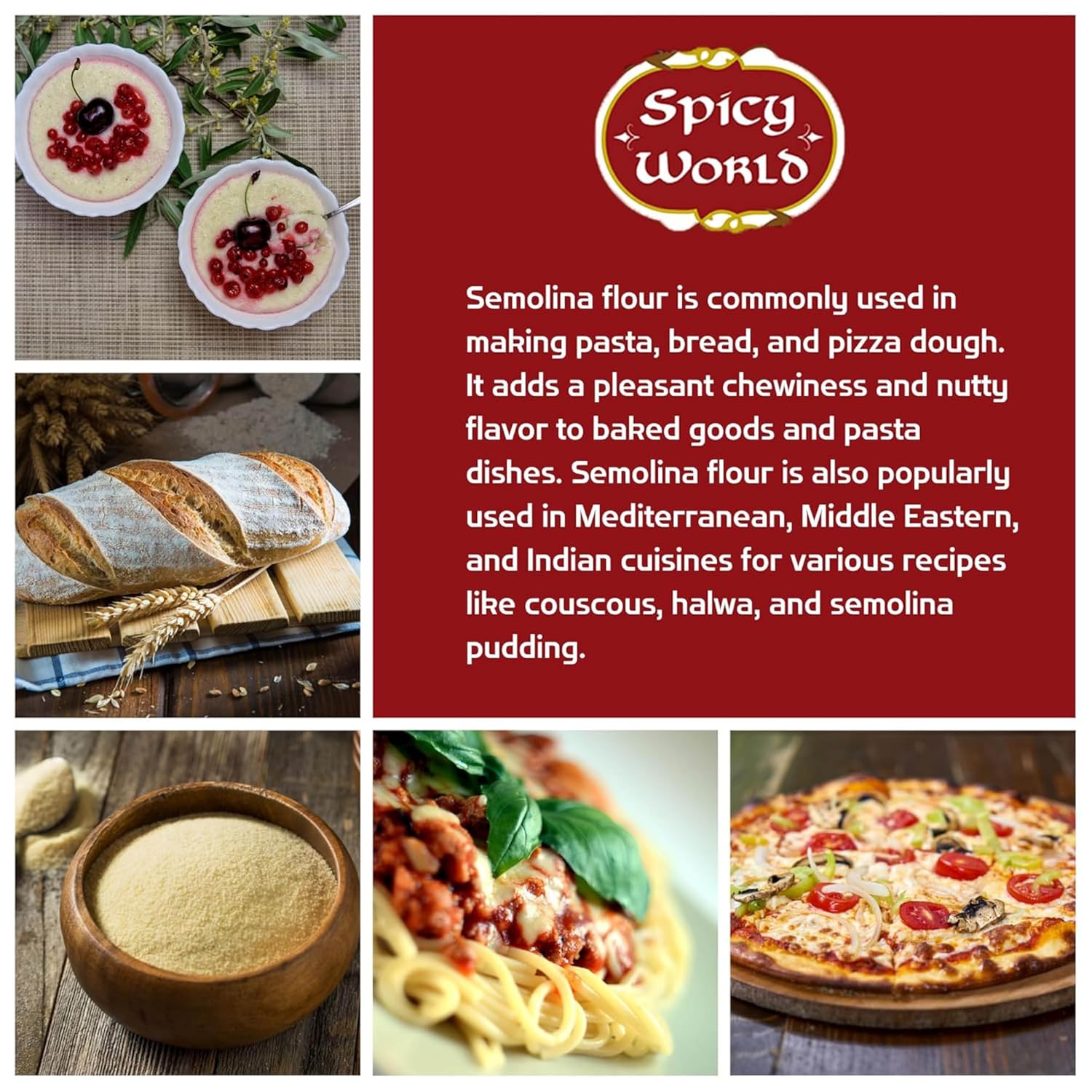 Spicy World Semolina Flour 3 LB (48 Ounce) | USA Grown Semolina for Pizza, for Pasta, and Bread Making | Fine Ground, Bulk Yellow Durum Semola Flour for Pizza Peel