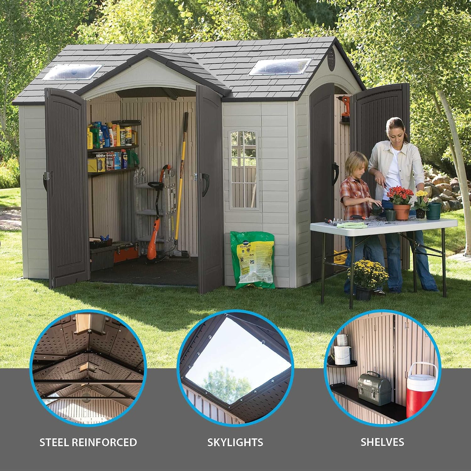 Lifetime 60005 Outdoor Storage Shed with Windows, Skylights and Shelving, 10 x 8 Feet