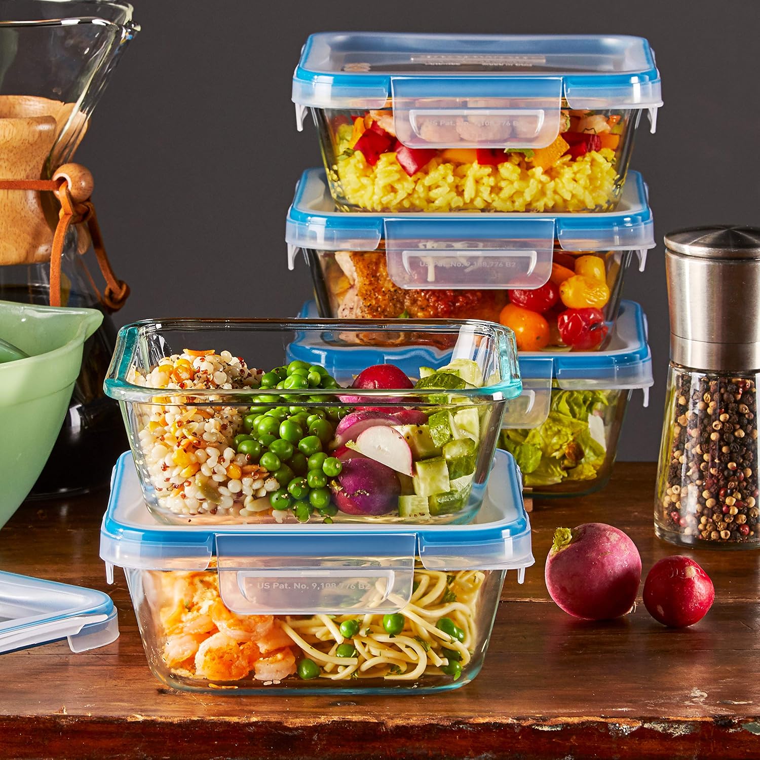 Snapware Glass Total Solutions (12-Pack) Food Storage Containers Set | Airtight & leakproof plastic locking BPA-free lids, freezer, dishwasher, microwave safe