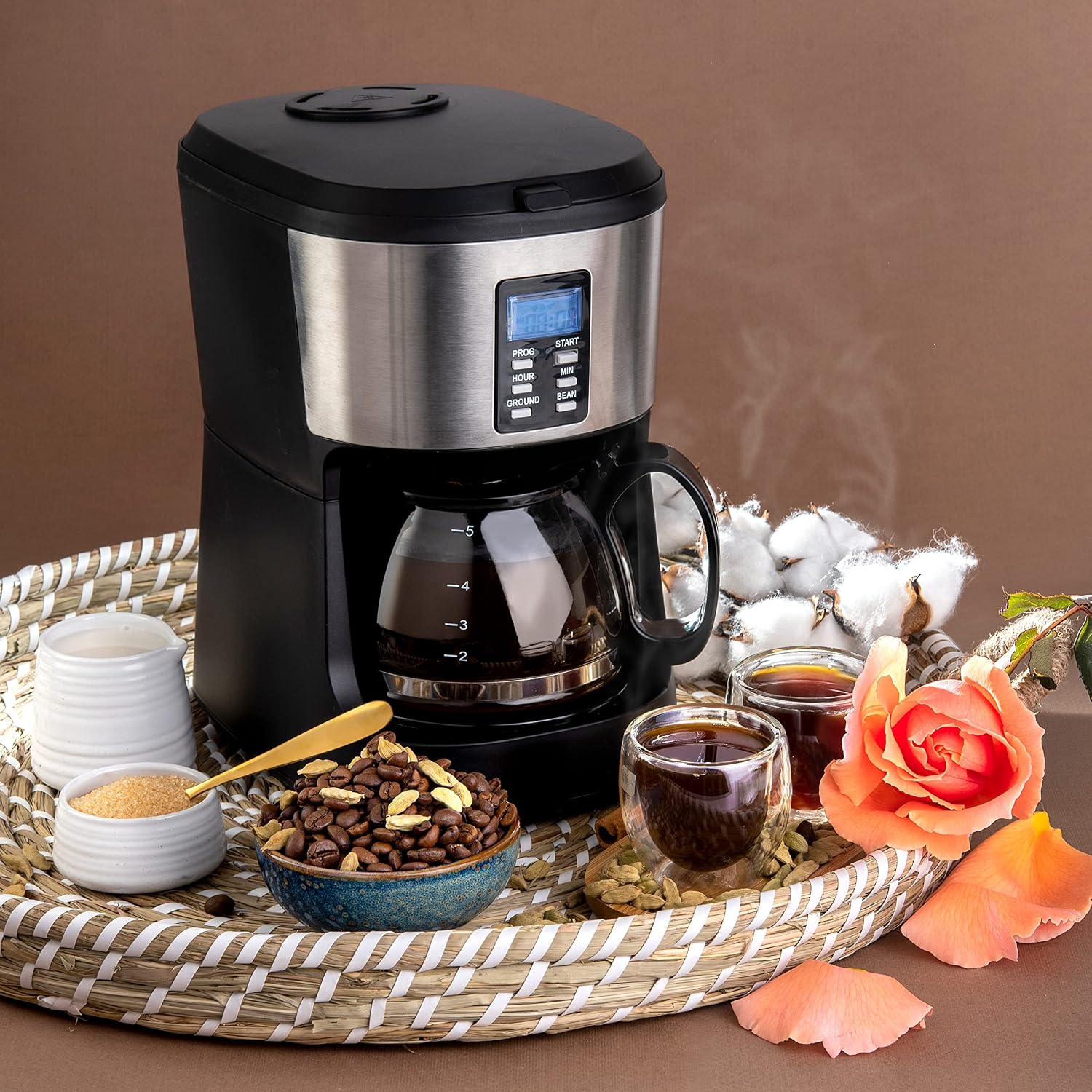 Mixpresso 5-Cup Drip Coffee Maker, Automatic Brew Coffee Pot Machine with Built-In Burr Coffee Grinder