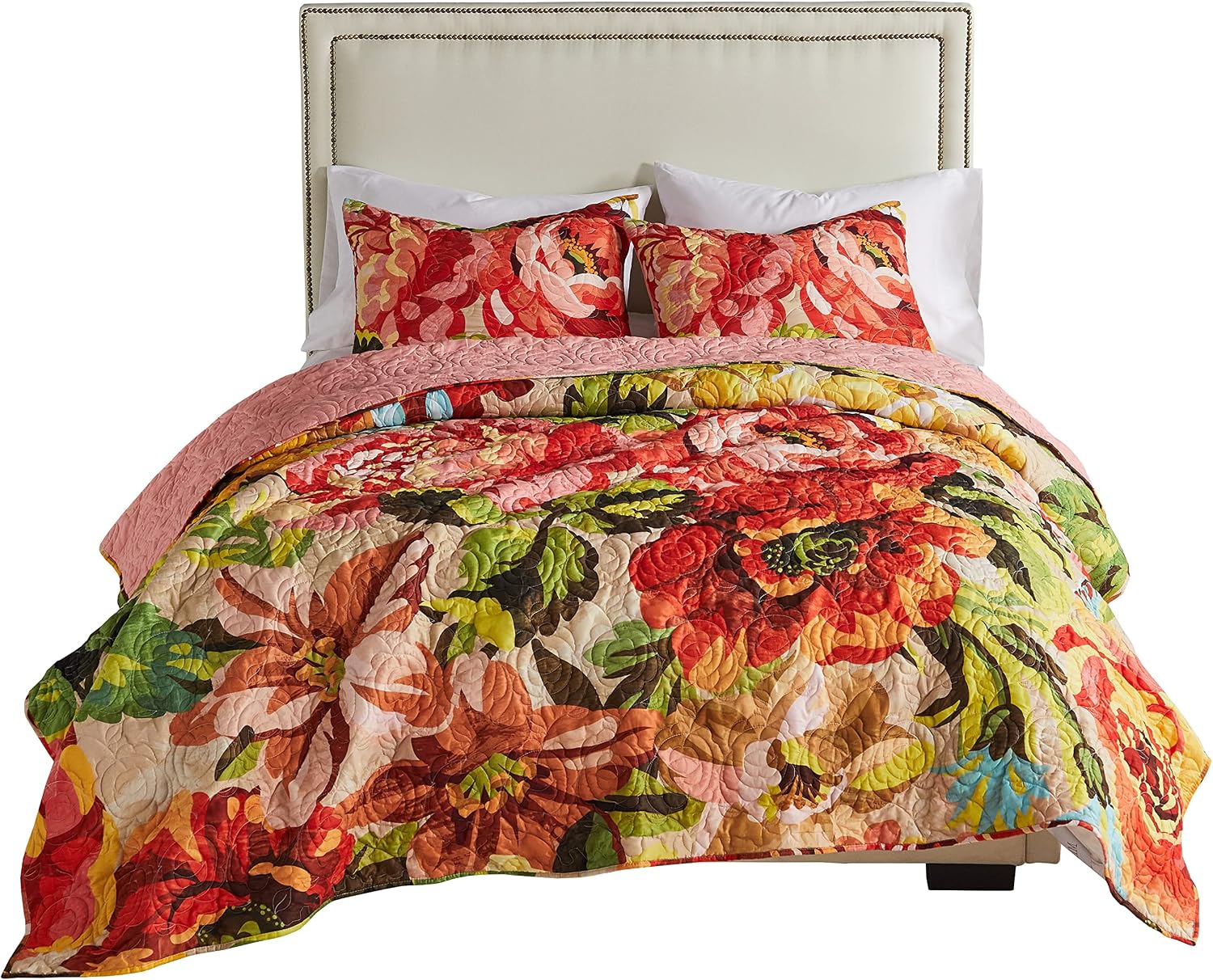 Greenland Home Fashions Ultra-Soft, Reversible, Brushed Microfiber Quilt Set, 3-Piece Full/Queen, Misty Bloom